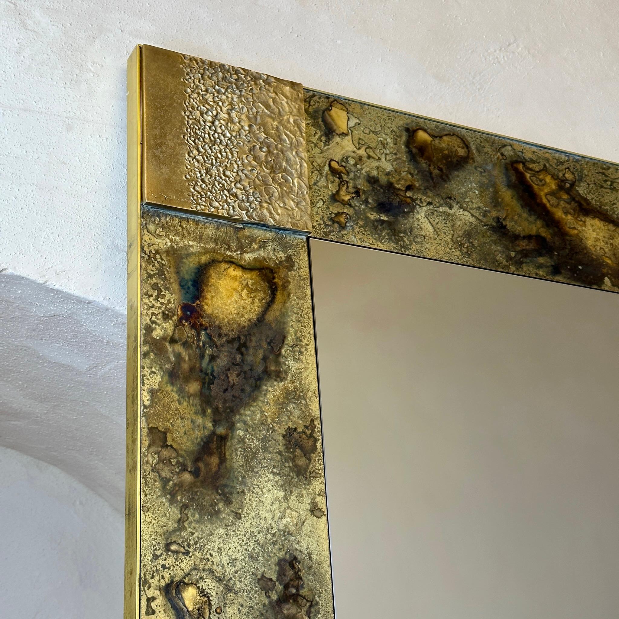 Modern Late20th Century Italian Bronze Mirror & Etched Brass w/ Bronze Abstract Plaques For Sale