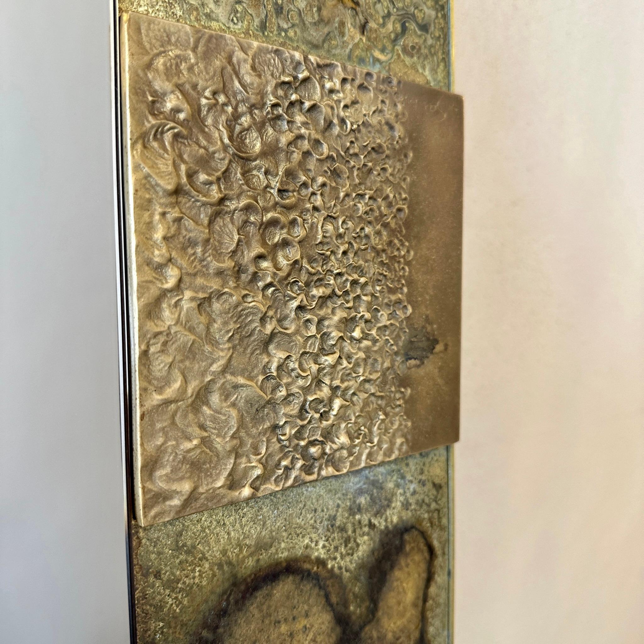 Cast Late20th Century Italian Bronze Mirror & Etched Brass w/ Bronze Abstract Plaques For Sale