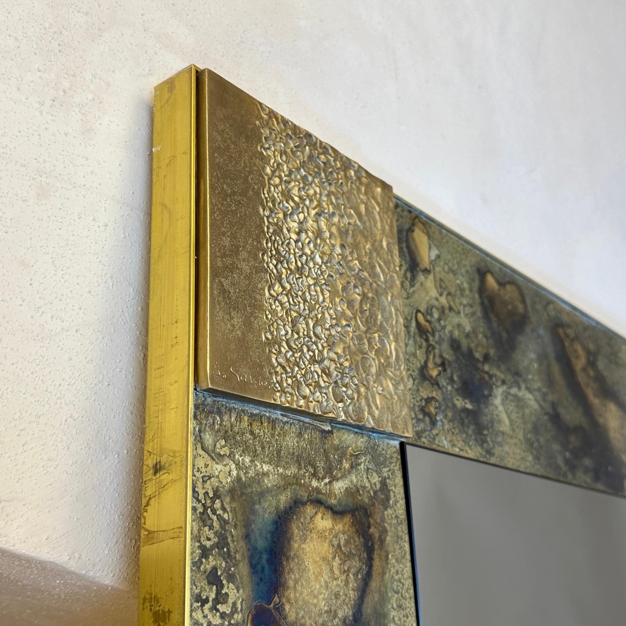 Late20th Century Italian Bronze Mirror & Etched Brass w/ Bronze Abstract Plaques In Good Condition For Sale In Firenze, Tuscany