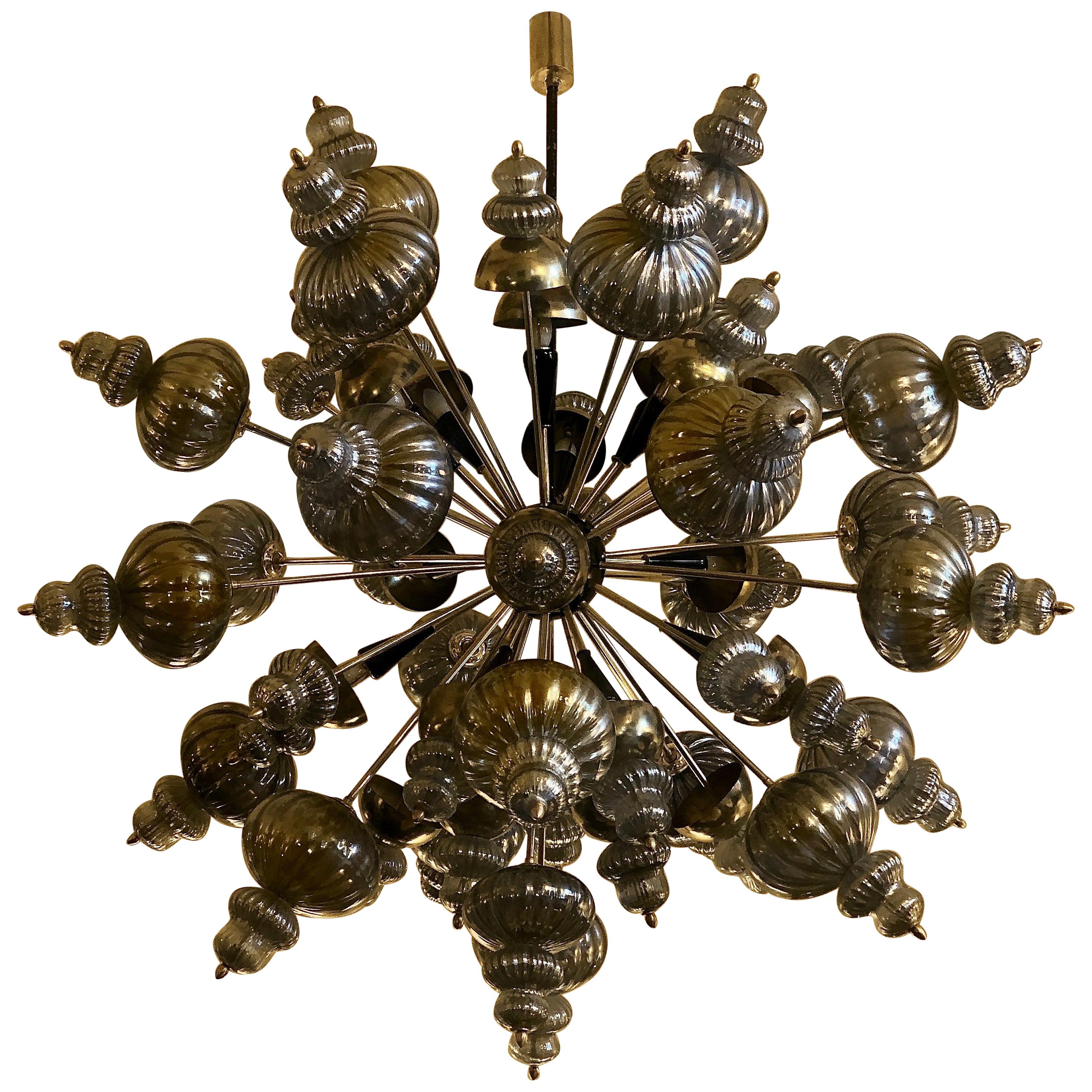 Late 20th Century Large Brass Sputnik Chandelier w/ Silver Murano Glass Elements