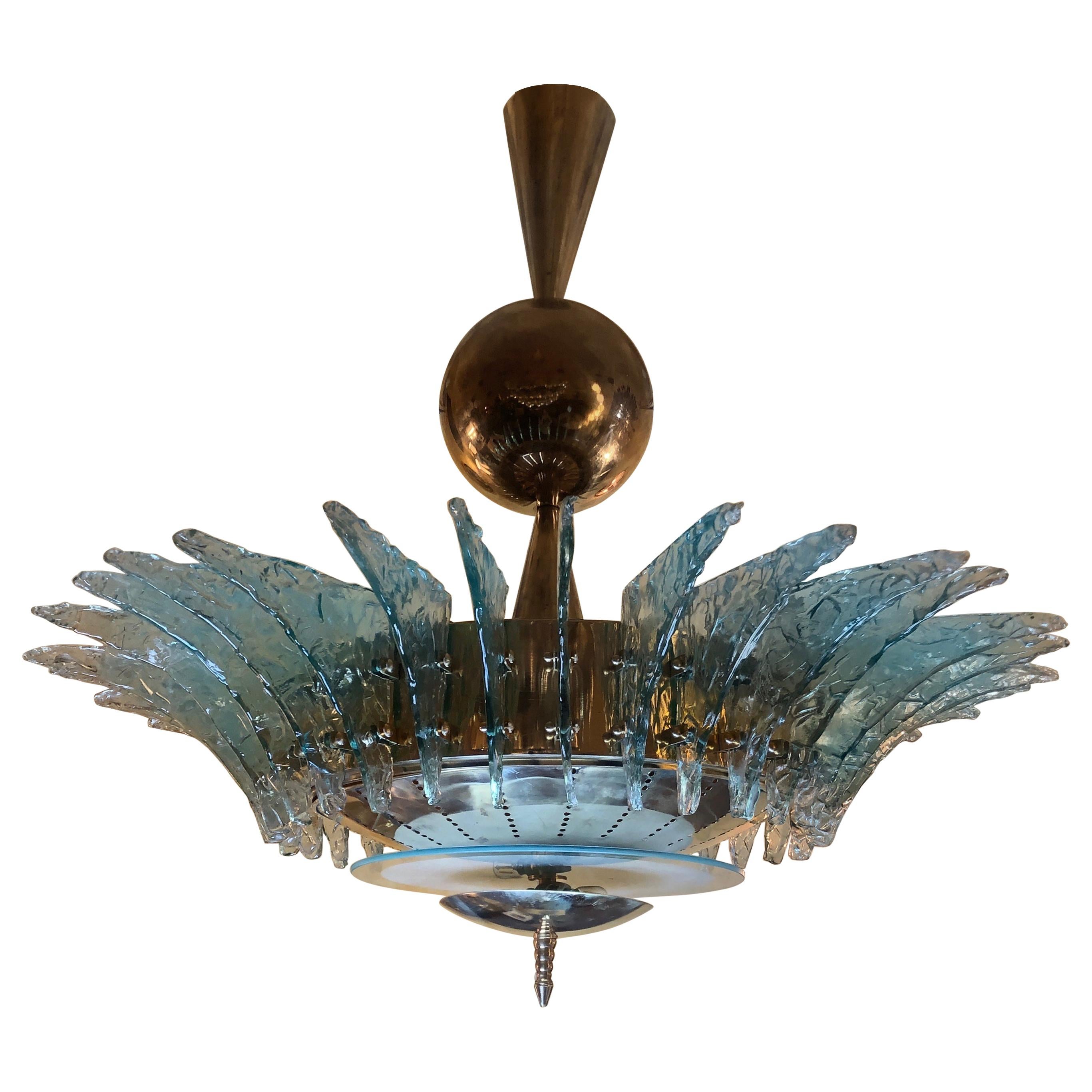 Late 20th Century Light Green Murano Glass and Brass Round Chandelier