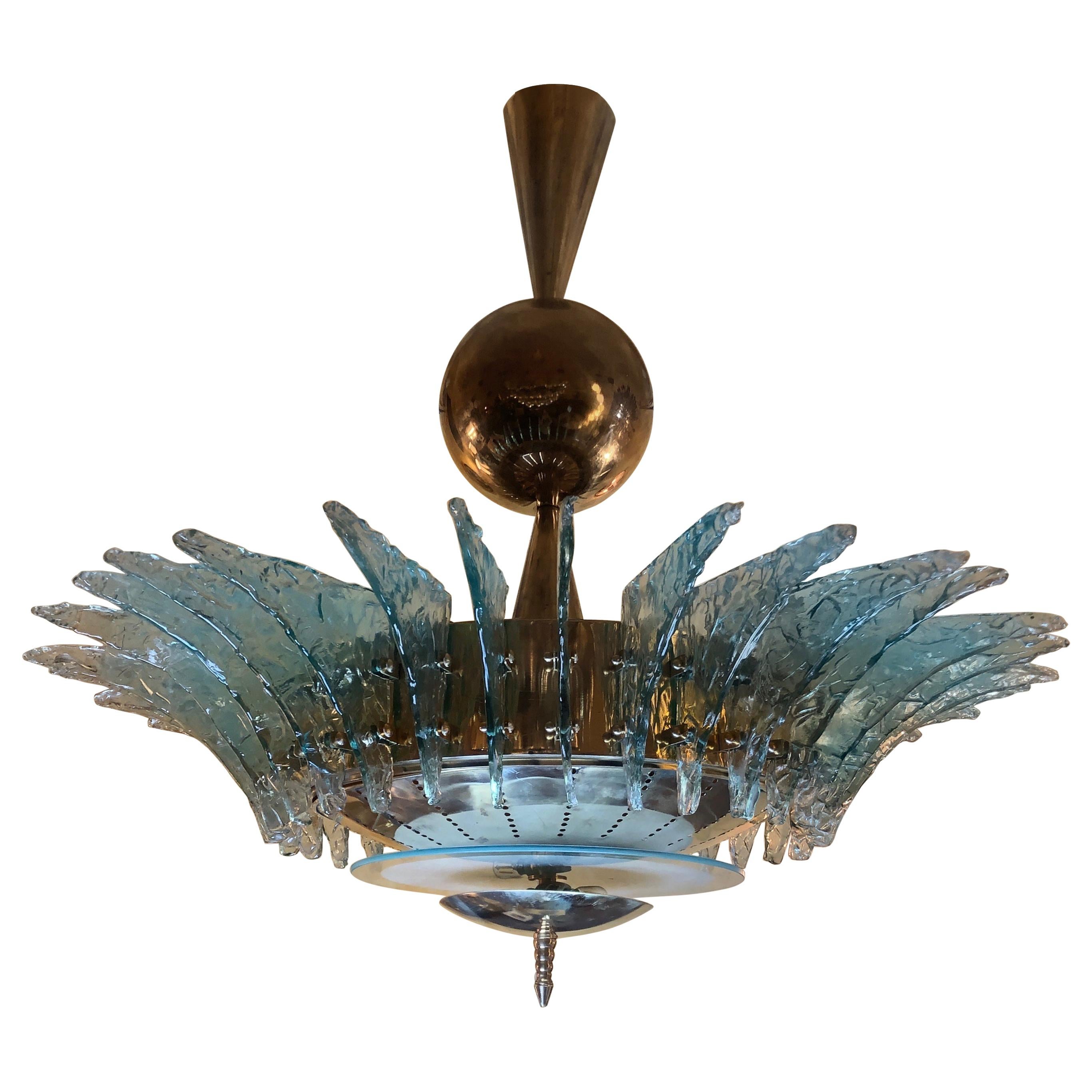 Lustre rond en verre de Murano vert clair et laiton de la fin du XXe siècle