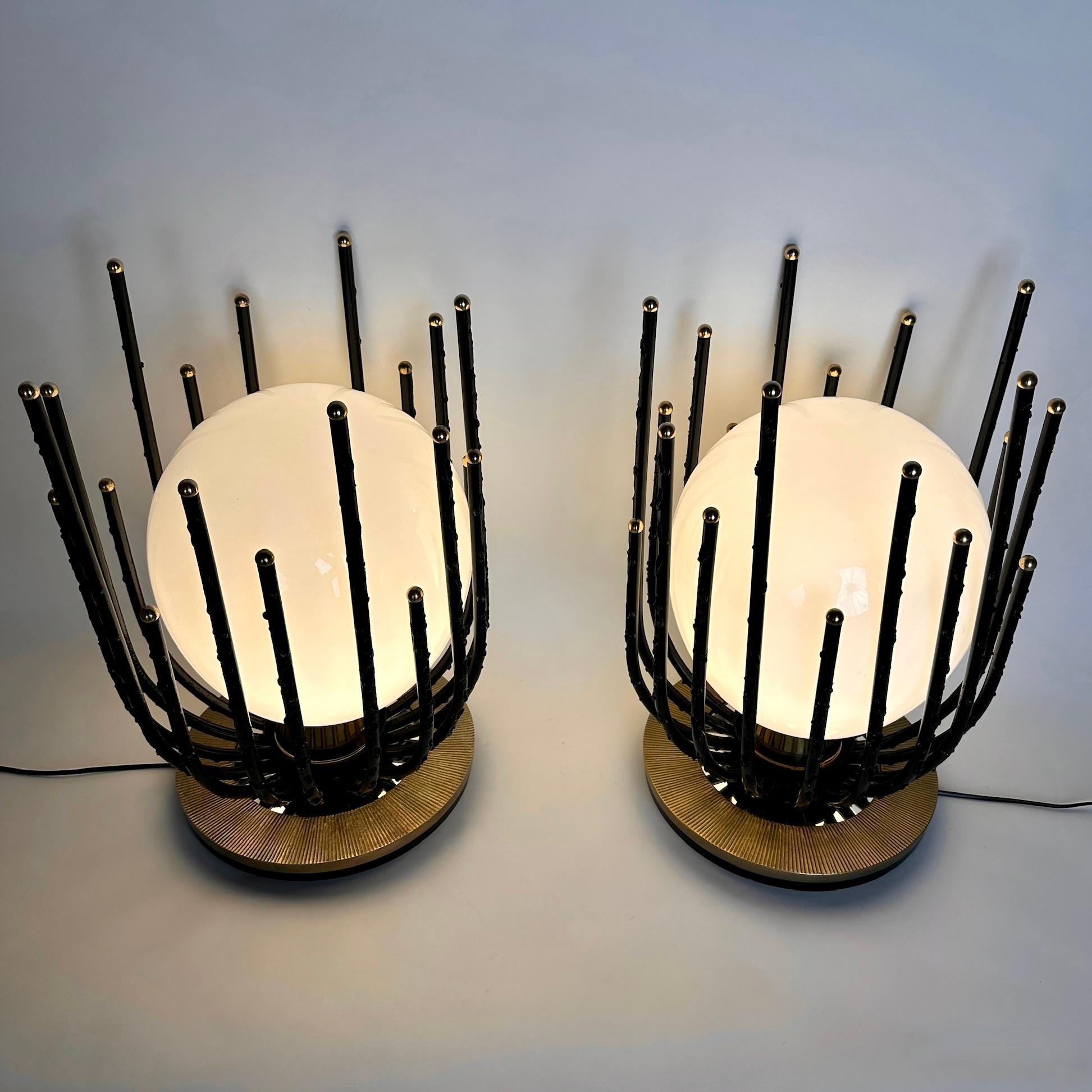 Modern Late20th Century Pair of Black Iron, Brass & Opaline Glass Brutalist Table Lamps For Sale