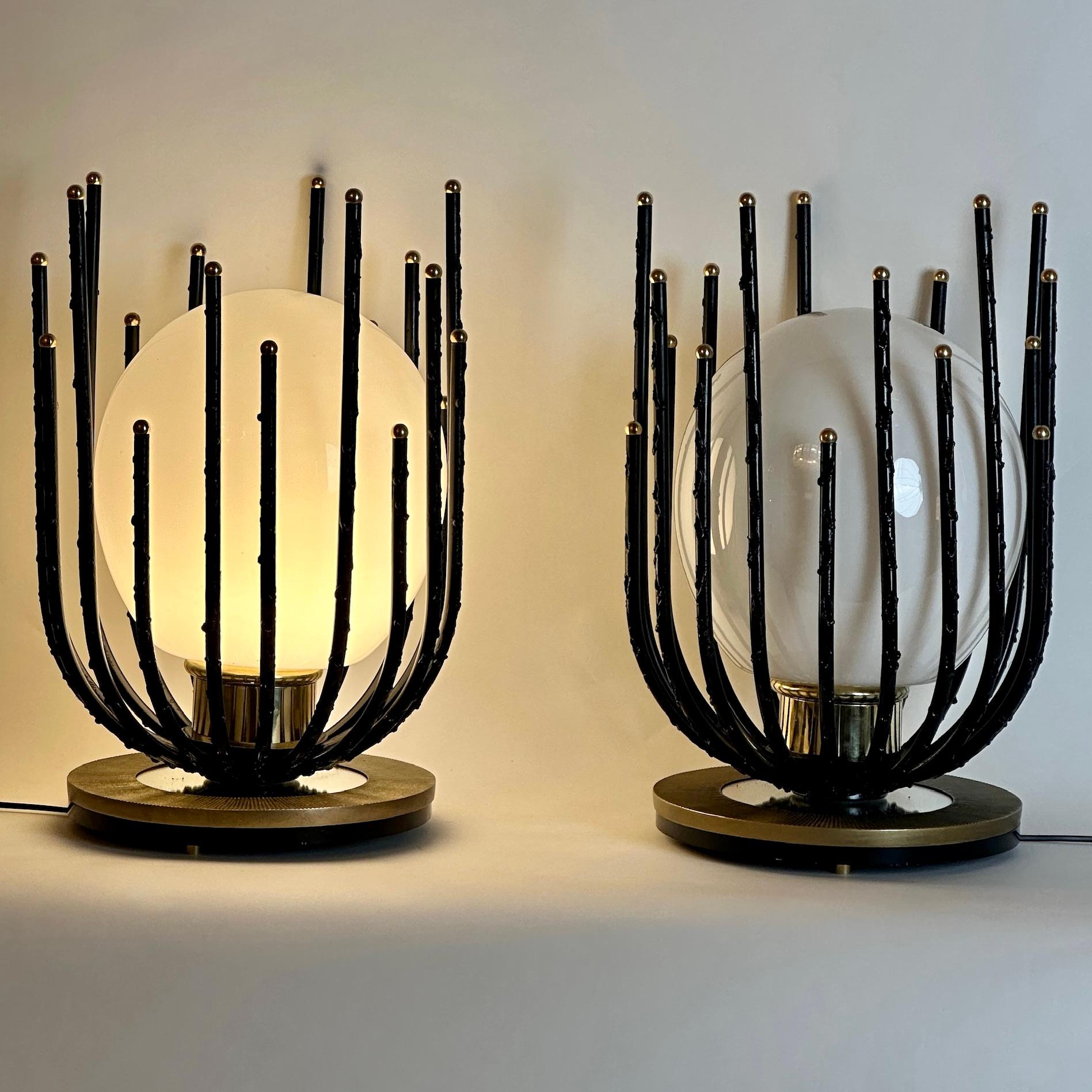 Italian Late20th Century Pair of Black Iron, Brass & Opaline Glass Brutalist Table Lamps For Sale
