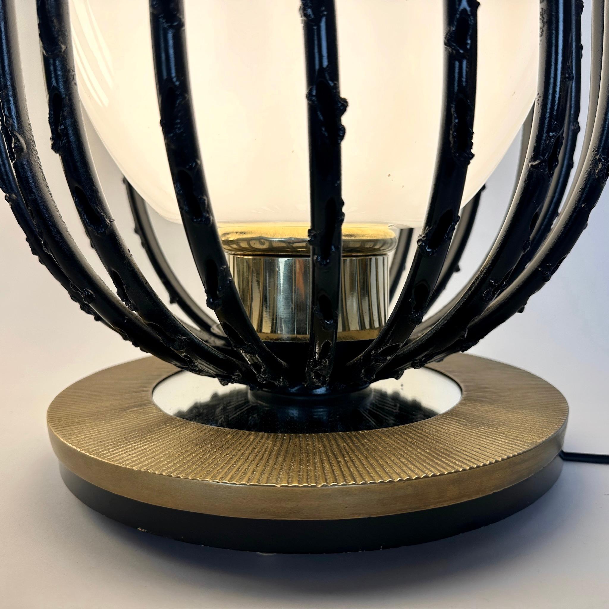 Late20th Century Pair of Black Iron, Brass & Opaline Glass Brutalist Table Lamps For Sale 1