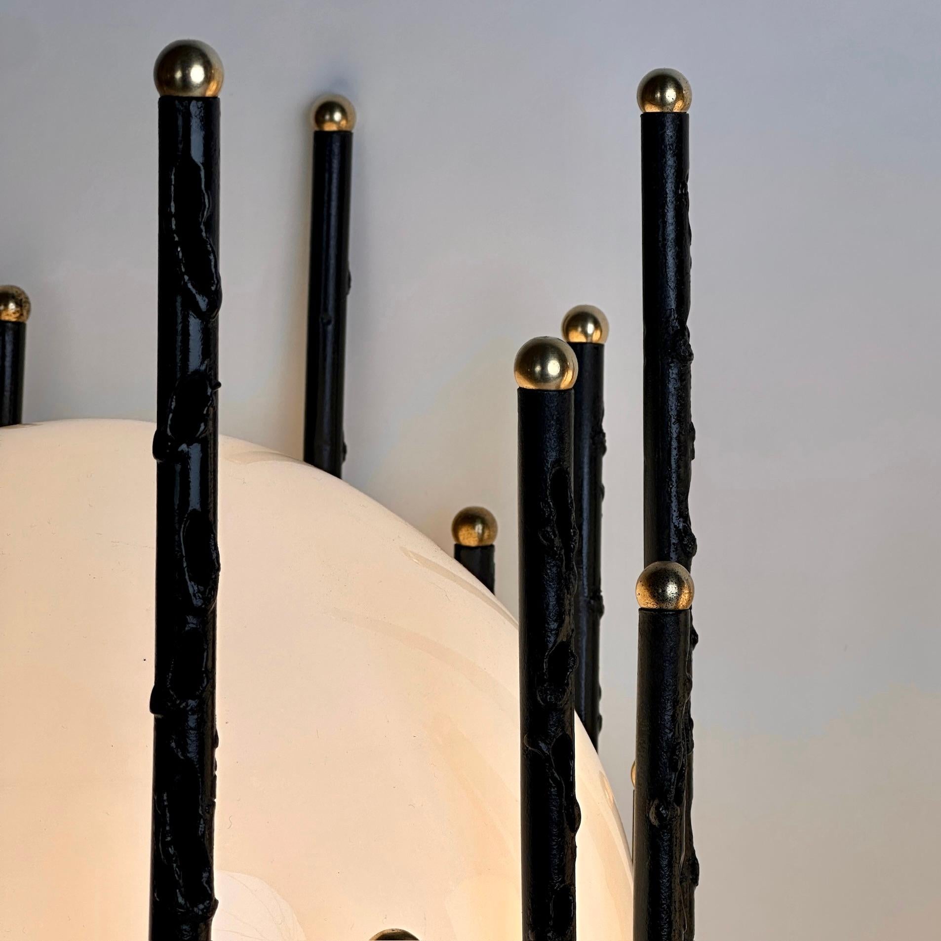 Late20th Century Pair of Black Iron, Brass & Opaline Glass Brutalist Table Lamps For Sale 2