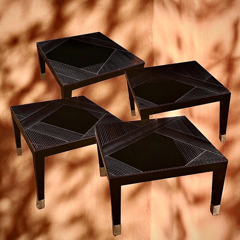 Pair of Black Square Coffee Tables with Engraved Opaline Glass Top For Sale at 1stdibs