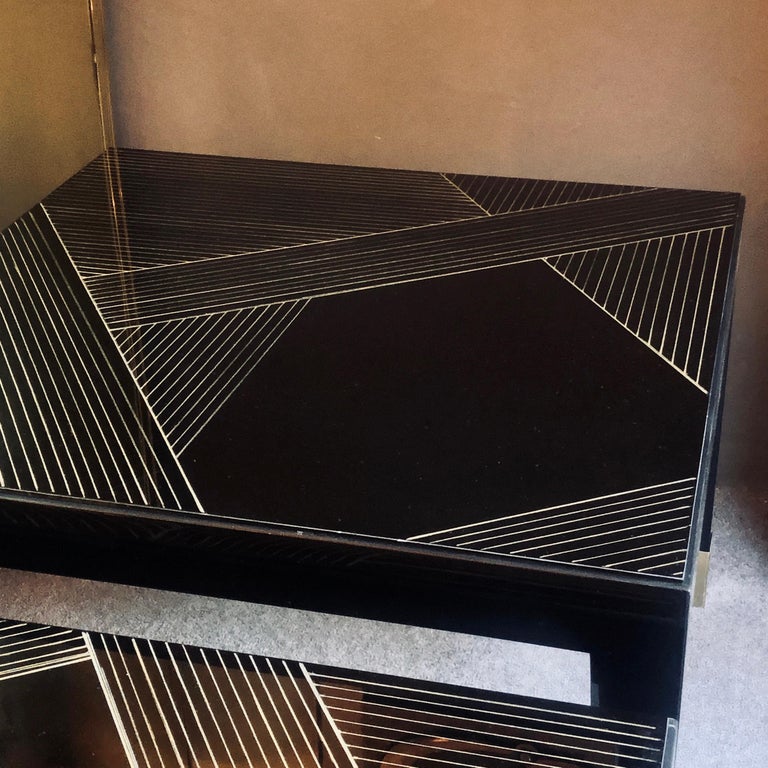 Pair of Black Square Coffee Tables with Engraved Opaline Glass Top For