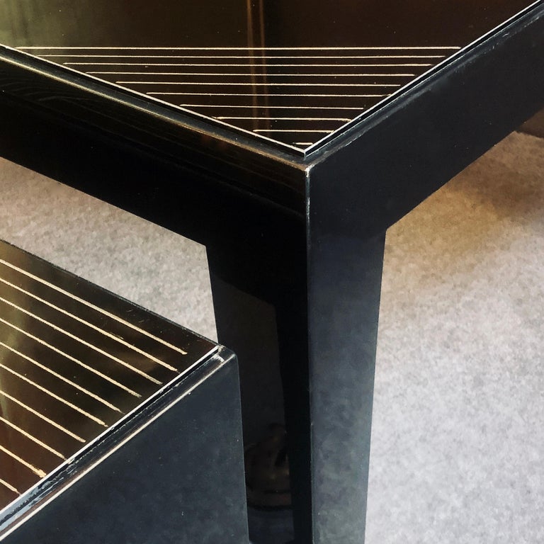 Pair of Black Square Coffee Tables with Engraved Opaline Glass Top For Sale at 1stdibs