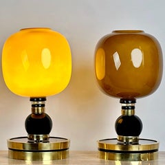 Late20th Century Pair of Brass, Black Opaline & Caramel Murano Glass Table Lamps