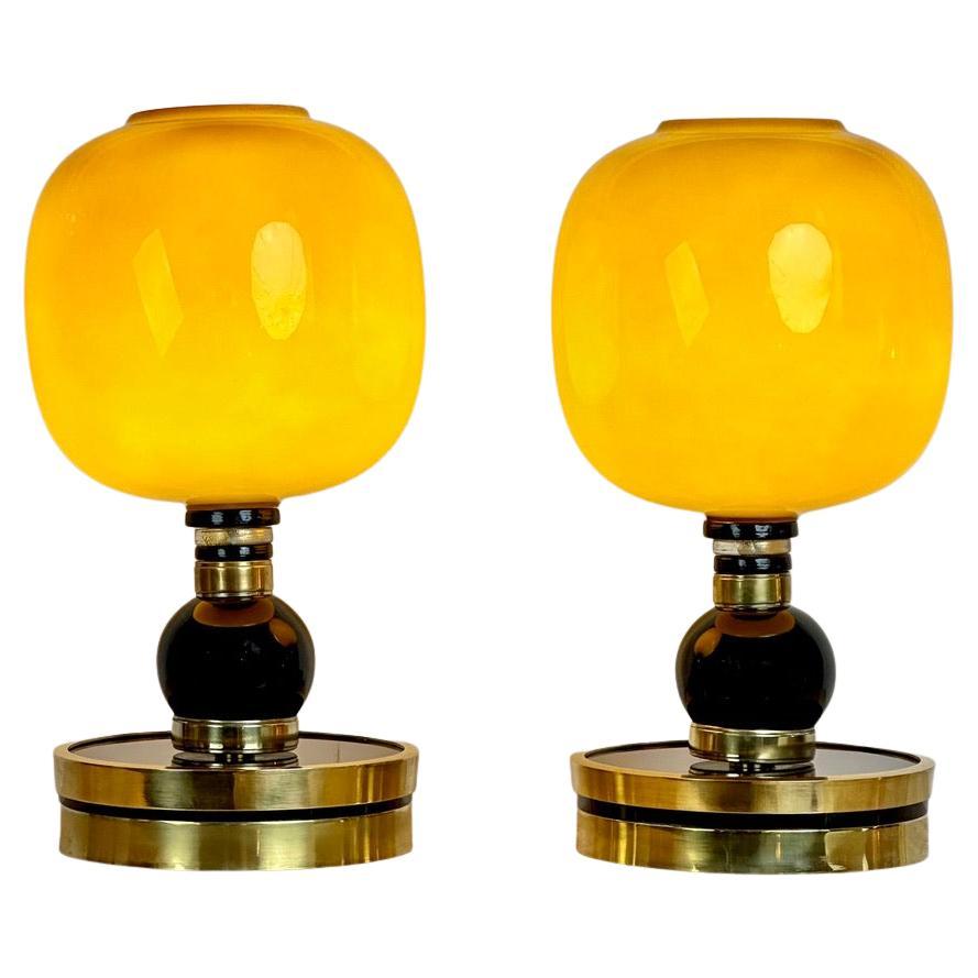 Late20th Century Pair of Brass, Black Opaline & Caramel Murano Glass Table Lamps