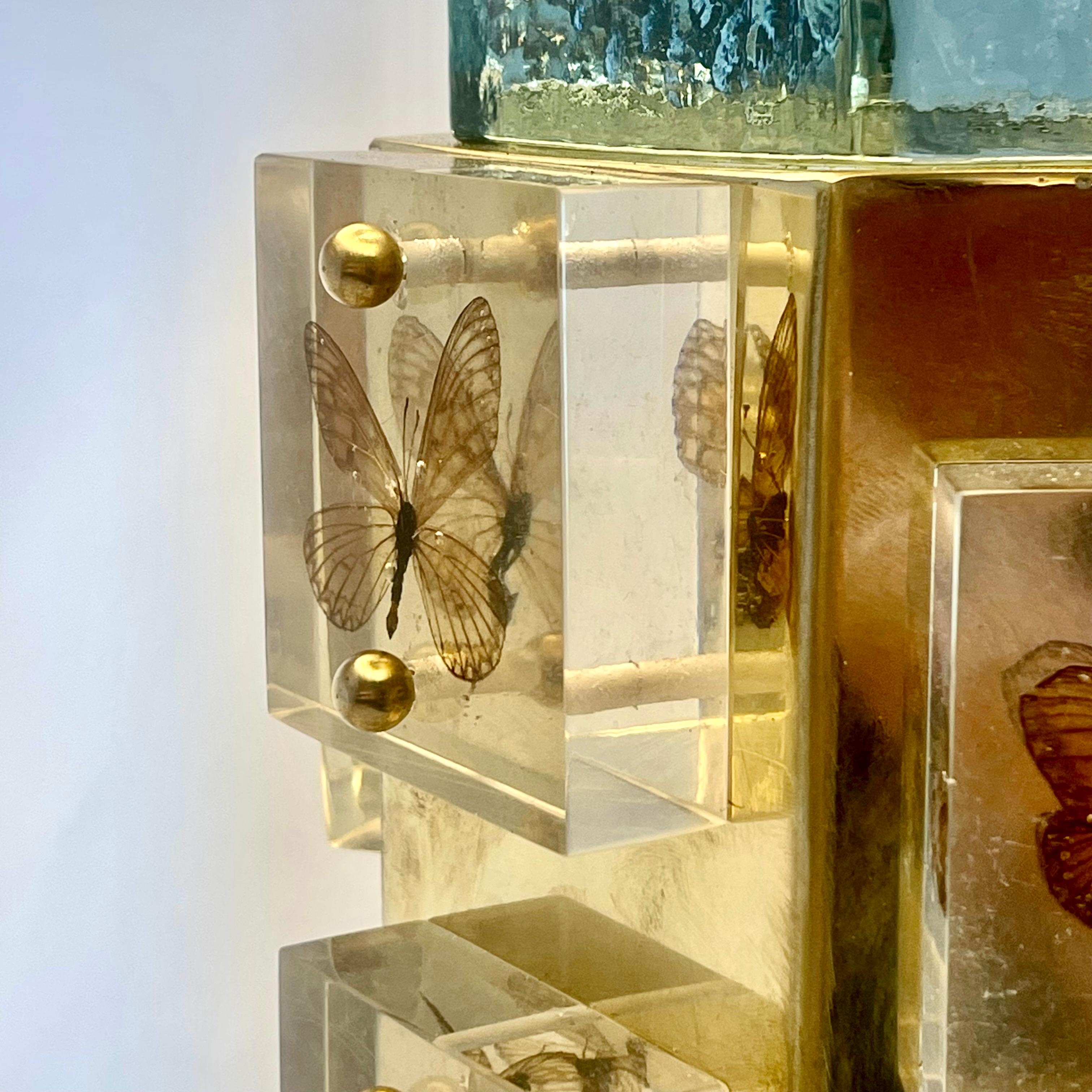 Late20th Century Pair of Hexagonal Brass, Butterflies & Murano Glass Table Lamps 4
