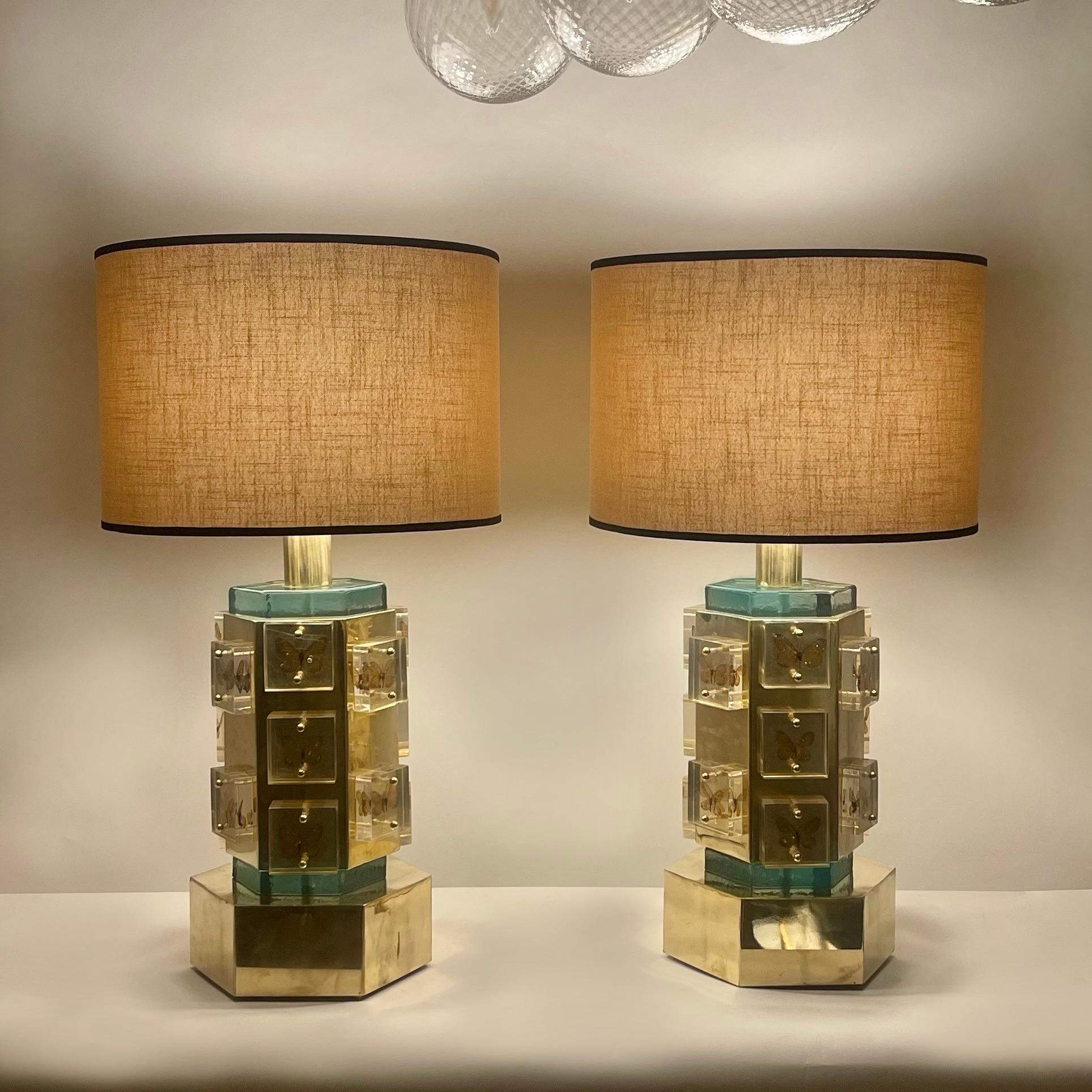 Late20th Century Pair of Hexagonal Brass, Butterflies & Murano Glass Table Lamps 6