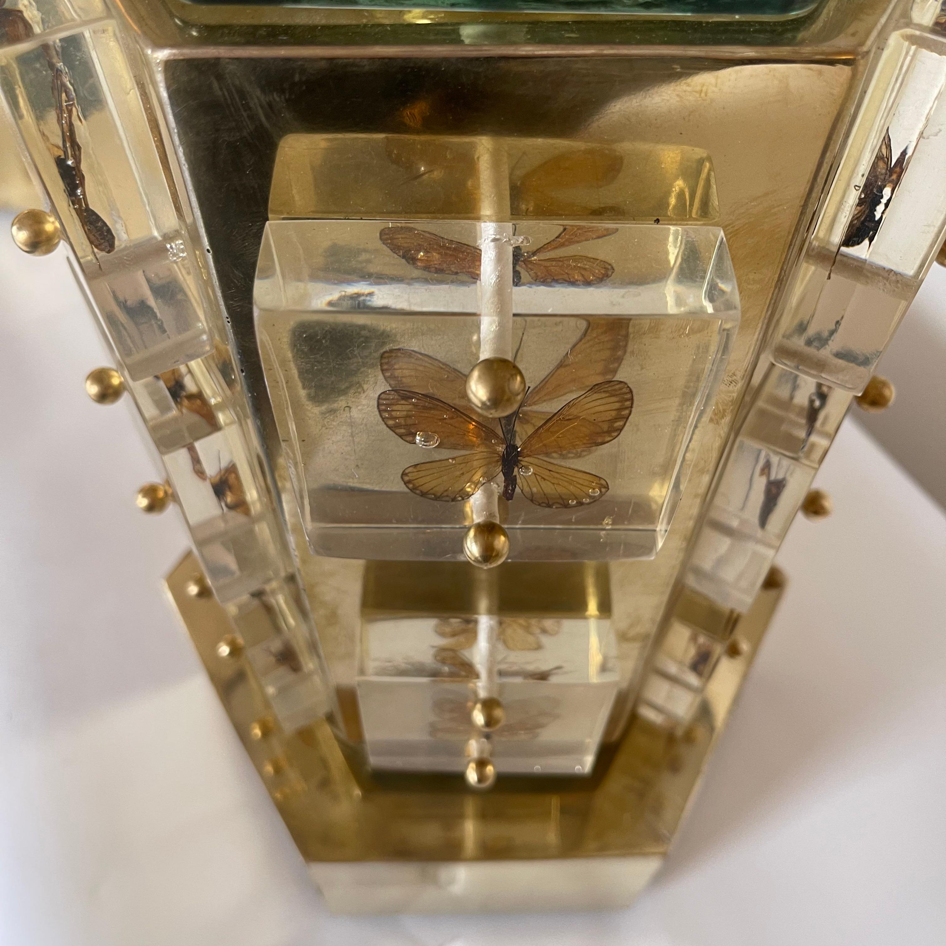 Late20th Century Pair of Hexagonal Brass, Butterflies & Murano Glass Table Lamps 1