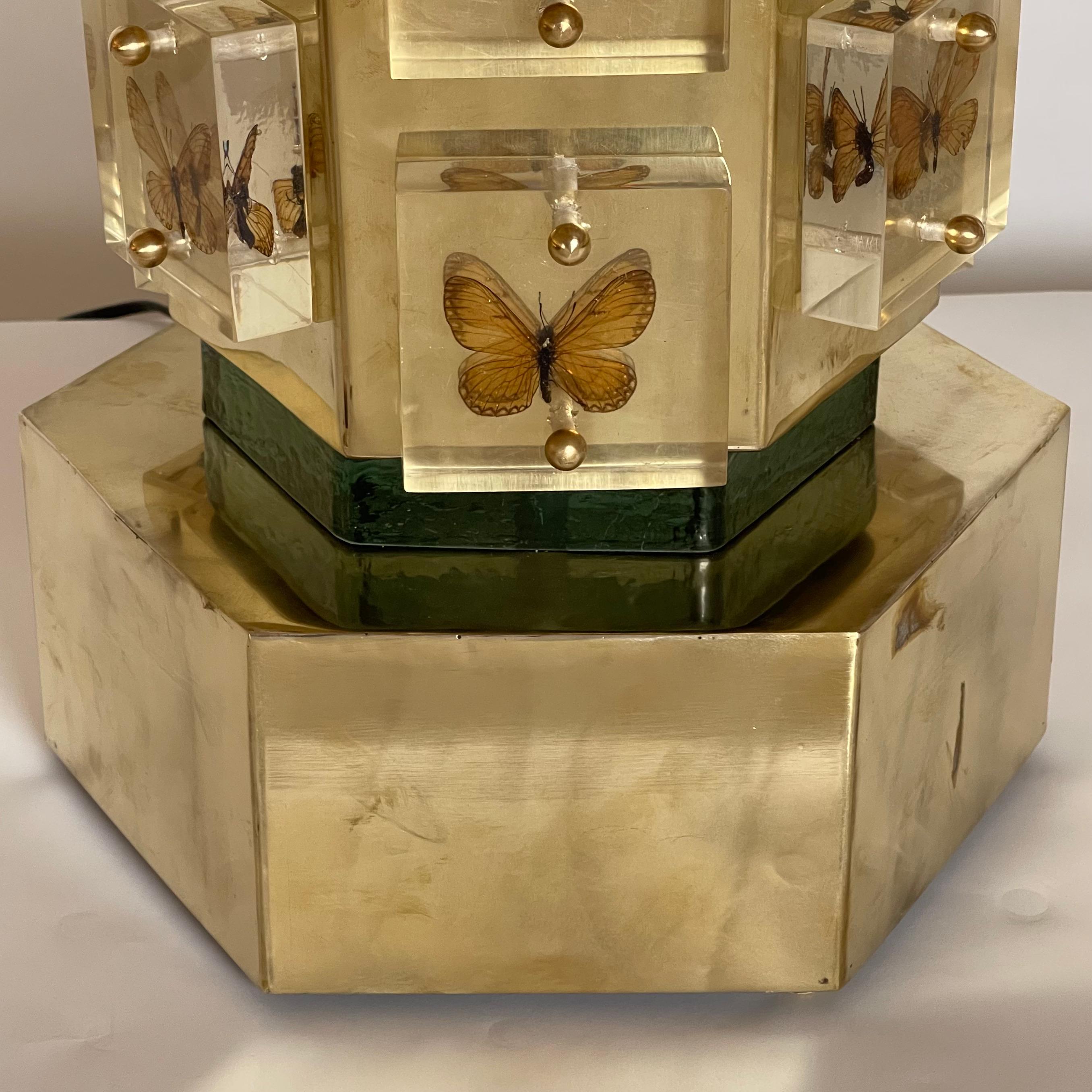 Late20th Century Pair of Hexagonal Brass, Butterflies & Murano Glass Table Lamps 2