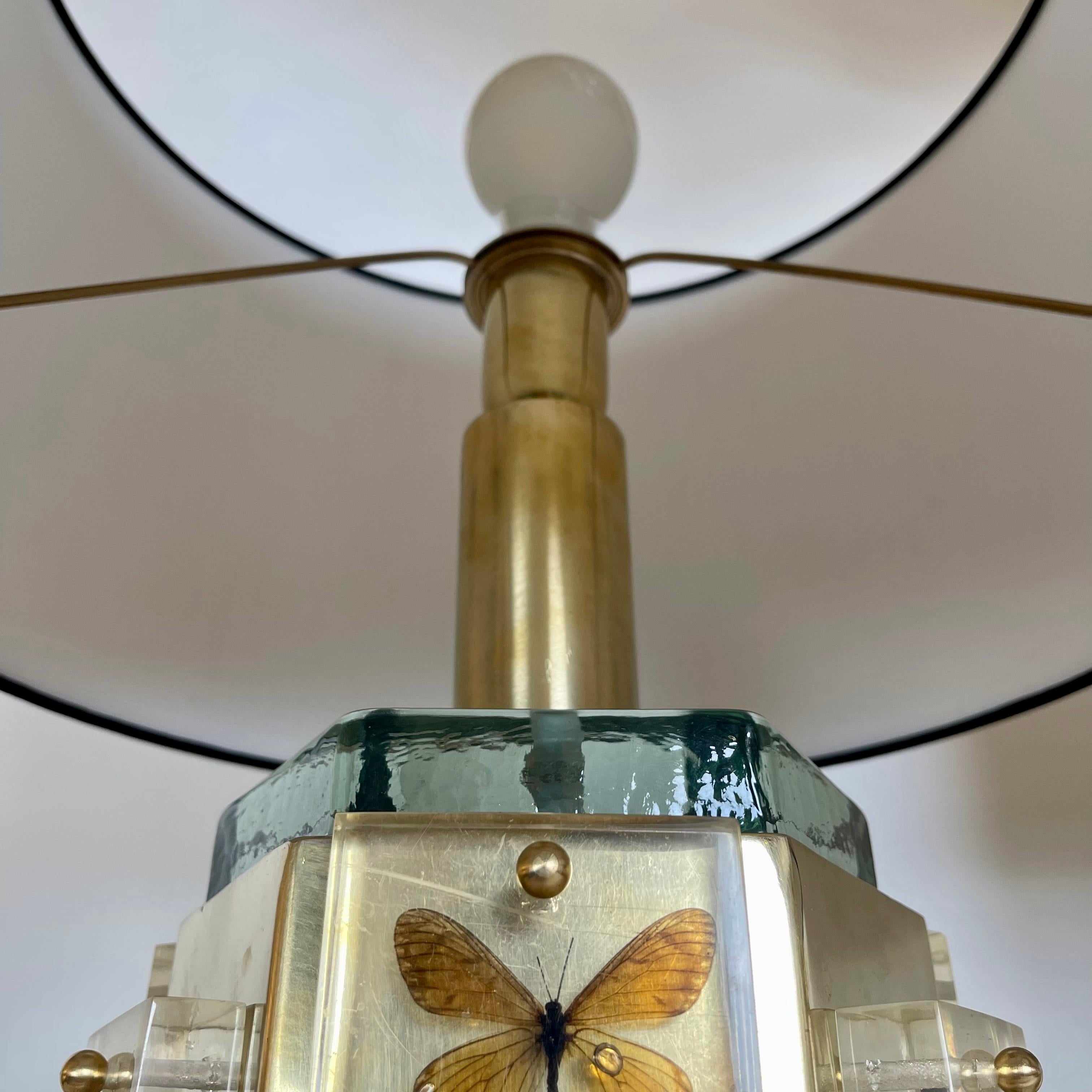 Late20th Century Pair of Hexagonal Brass, Butterflies & Murano Glass Table Lamps 3