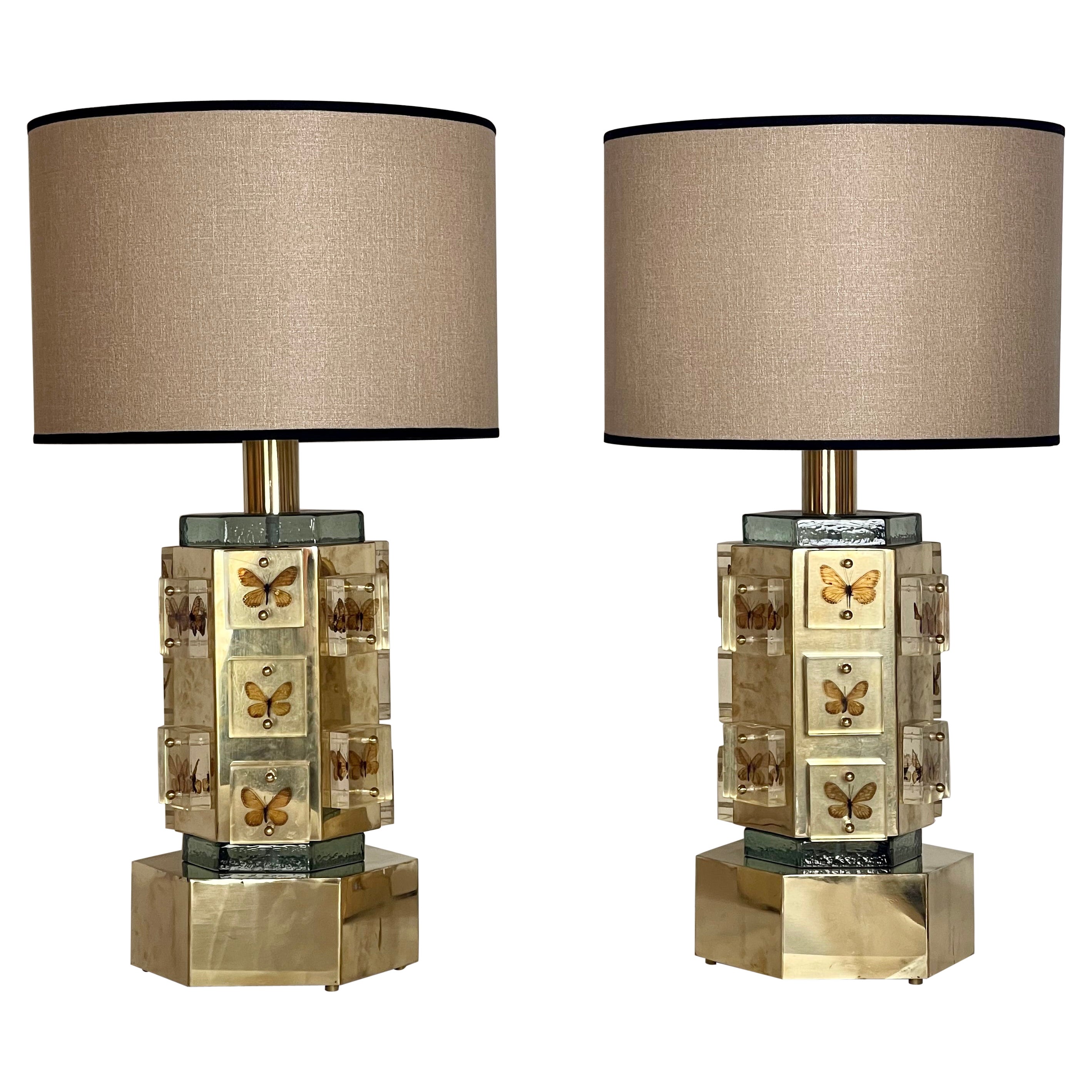 Late20th Century Pair of Hexagonal Brass, Butterflies 
Murano Glass Table Lamps