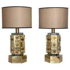 Late20th Century Pair of Hexagonal Brass, Butterflies & Murano Glass Table Lamps