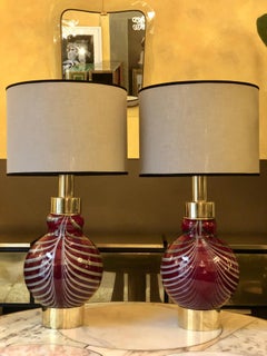 Late 20th Century Pair of Red & Striped Grey Murano Glass and Brass Table Lamps