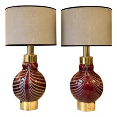 Late 20th Century Pair of Red & Striped Grey Murano Glass and Brass Table Lamps