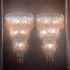 Late 20th Century Pair of Transparent and Amber Polyhedrons Murano Glass Sconces