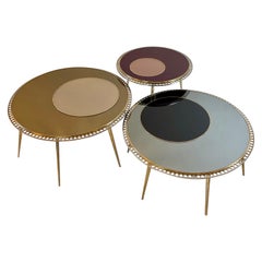 Late20th Century Set of Three Round Mirror Coffee Tables w/Brass & Steel Details