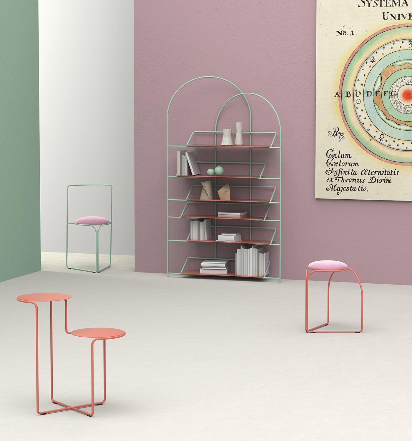 Two arches enclose and enhance stacks of books gently suspended from a light and resistant structure. 
Designed by Enrico Girotti for lapiegaWD LateB is a sculptural bookcase available in a painted or galvanized finish. The shelves are available in