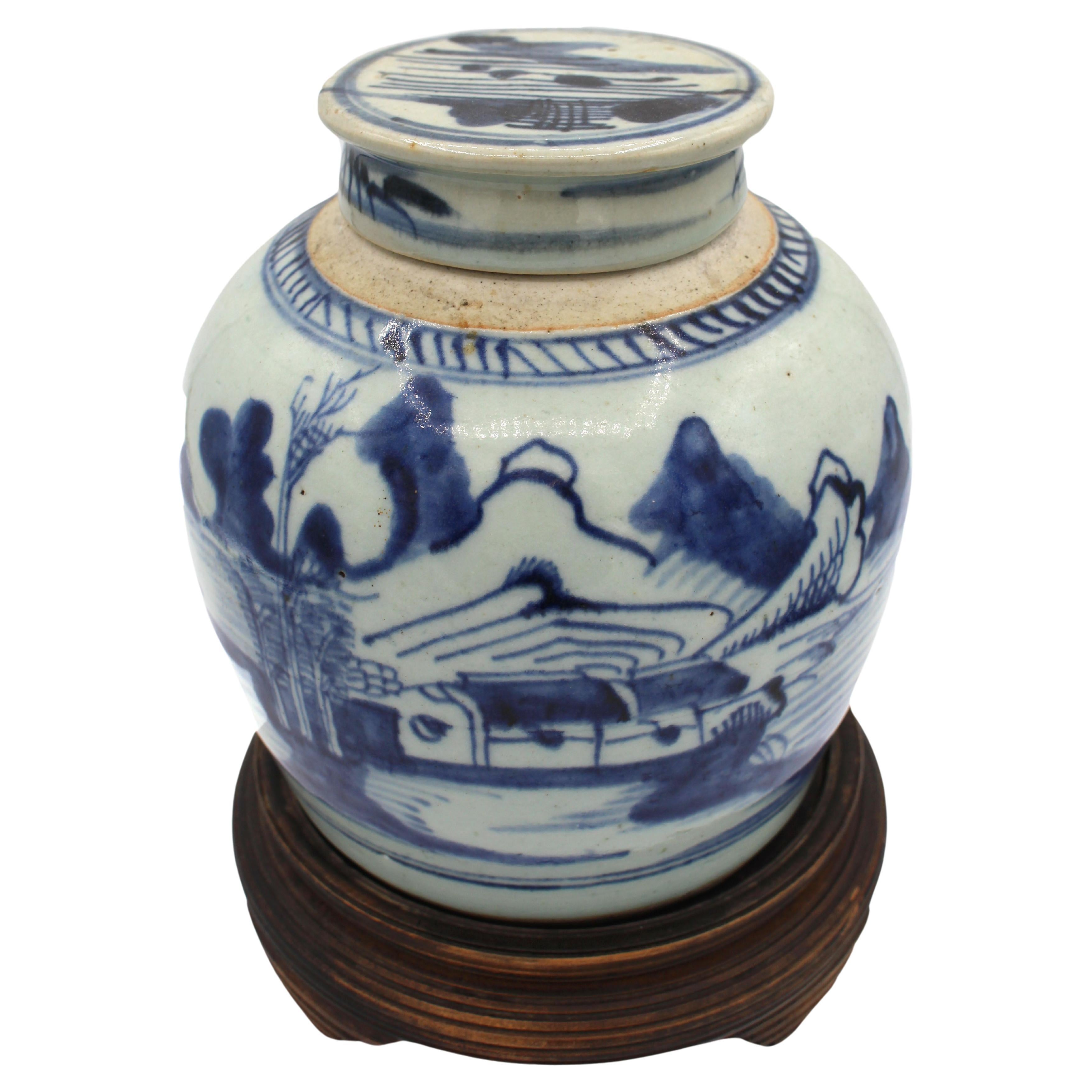 Later 19th Century Celadon & Blue Decorated Ginger Jar with Cover, Qing Dynasty