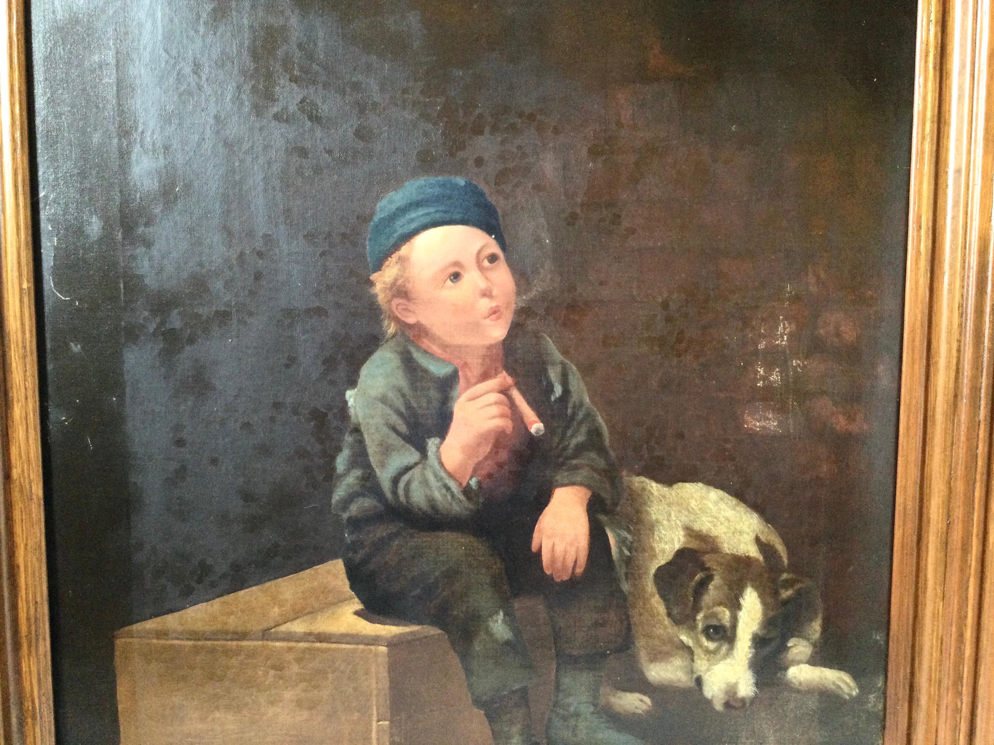 A whimsical continental oil painting on canvas of a boy smoking a cigar with his dog. The shine on the surface shows a variegated reflection from the old varnish, the frame is early and solid walnut. Unframed is 25 wide, 30 high.