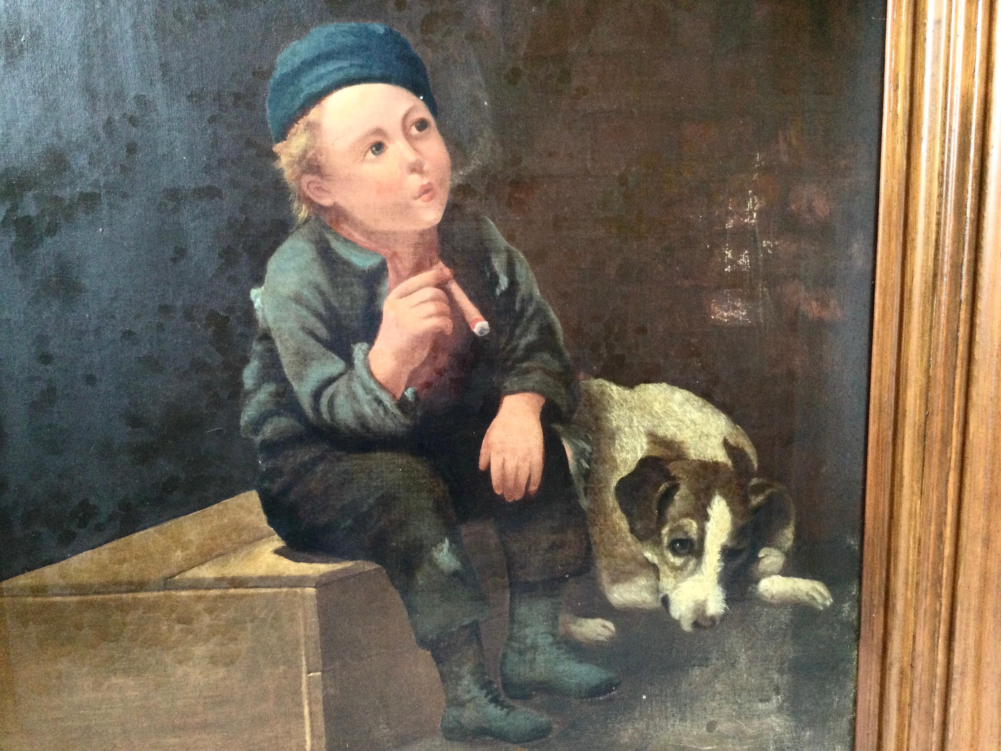 Hand-Painted Later 19th Century European Painting of a Child with Dog