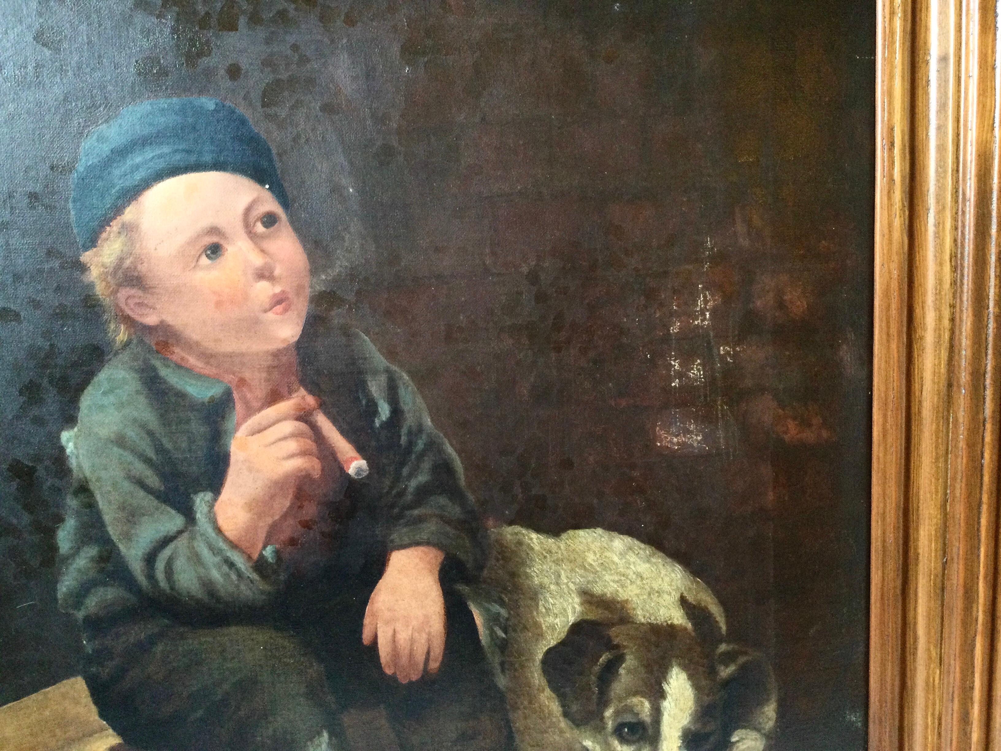 Later 19th Century European Painting of a Child with Dog In Good Condition In Lambertville, NJ