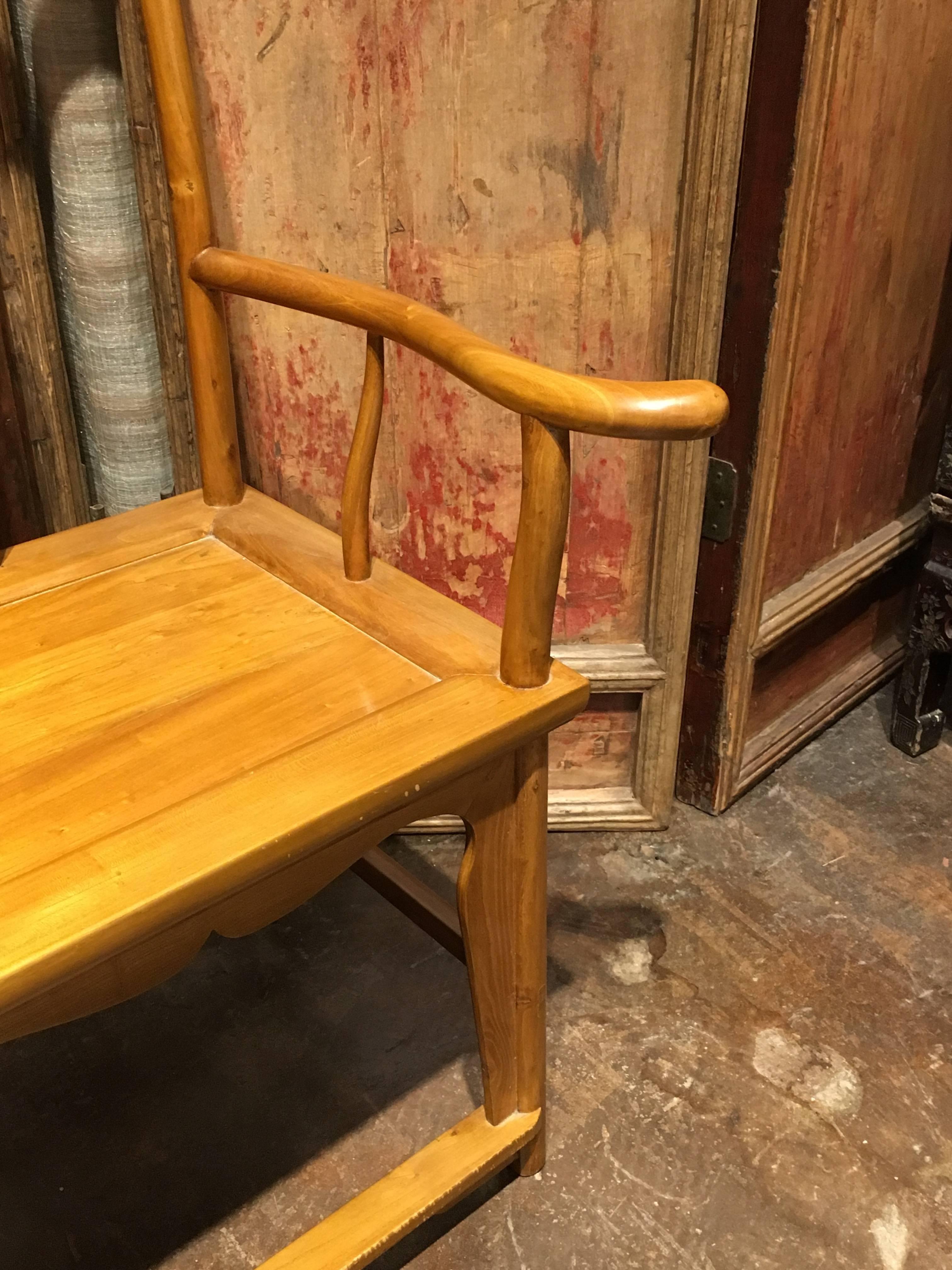 Later 20th Century Chinese Blonde Wood Official's Hat or Yoke Back Chairs, Pair For Sale 1