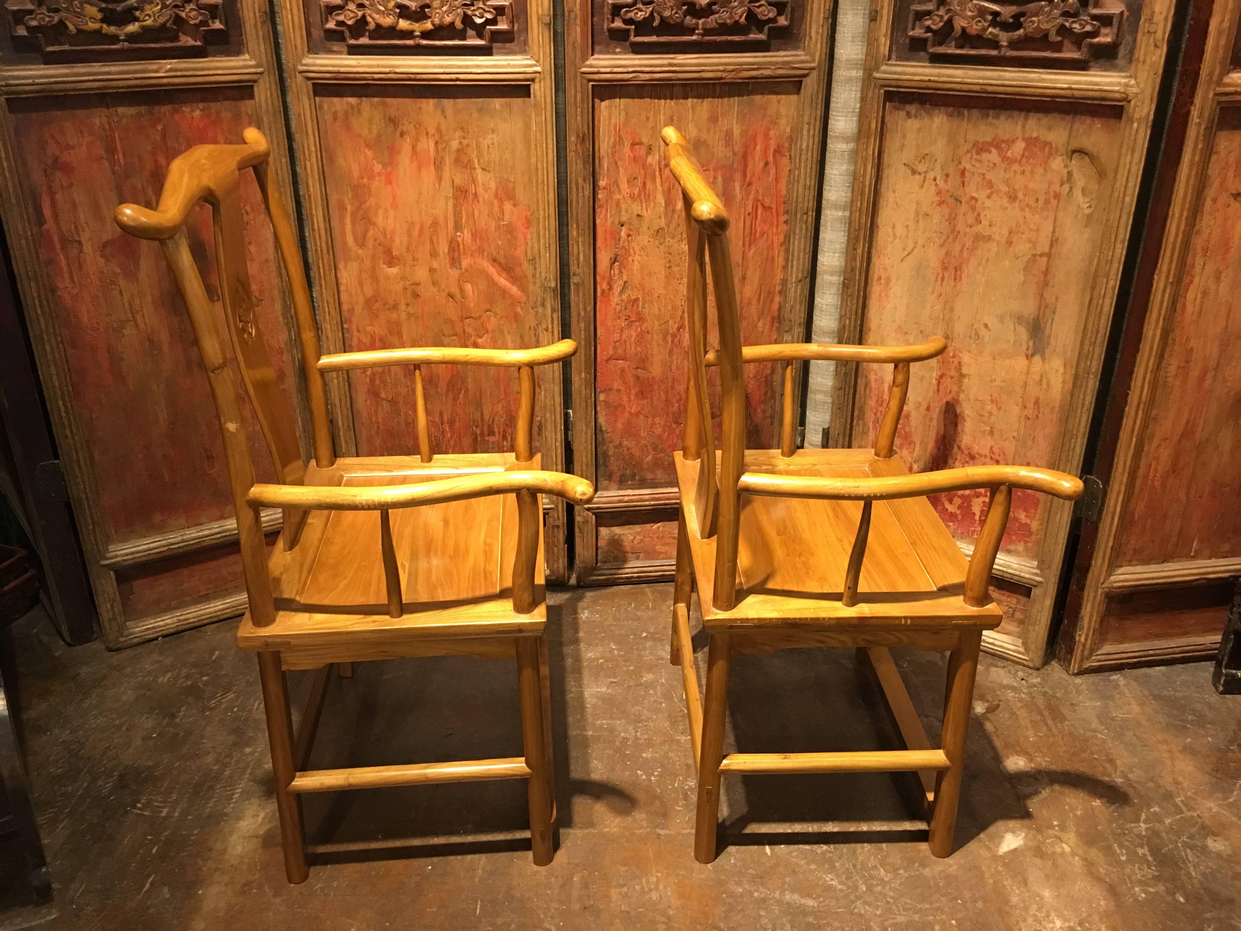 Ming Later 20th Century Chinese Blonde Wood Official's Hat or Yoke Back Chairs, Pair For Sale