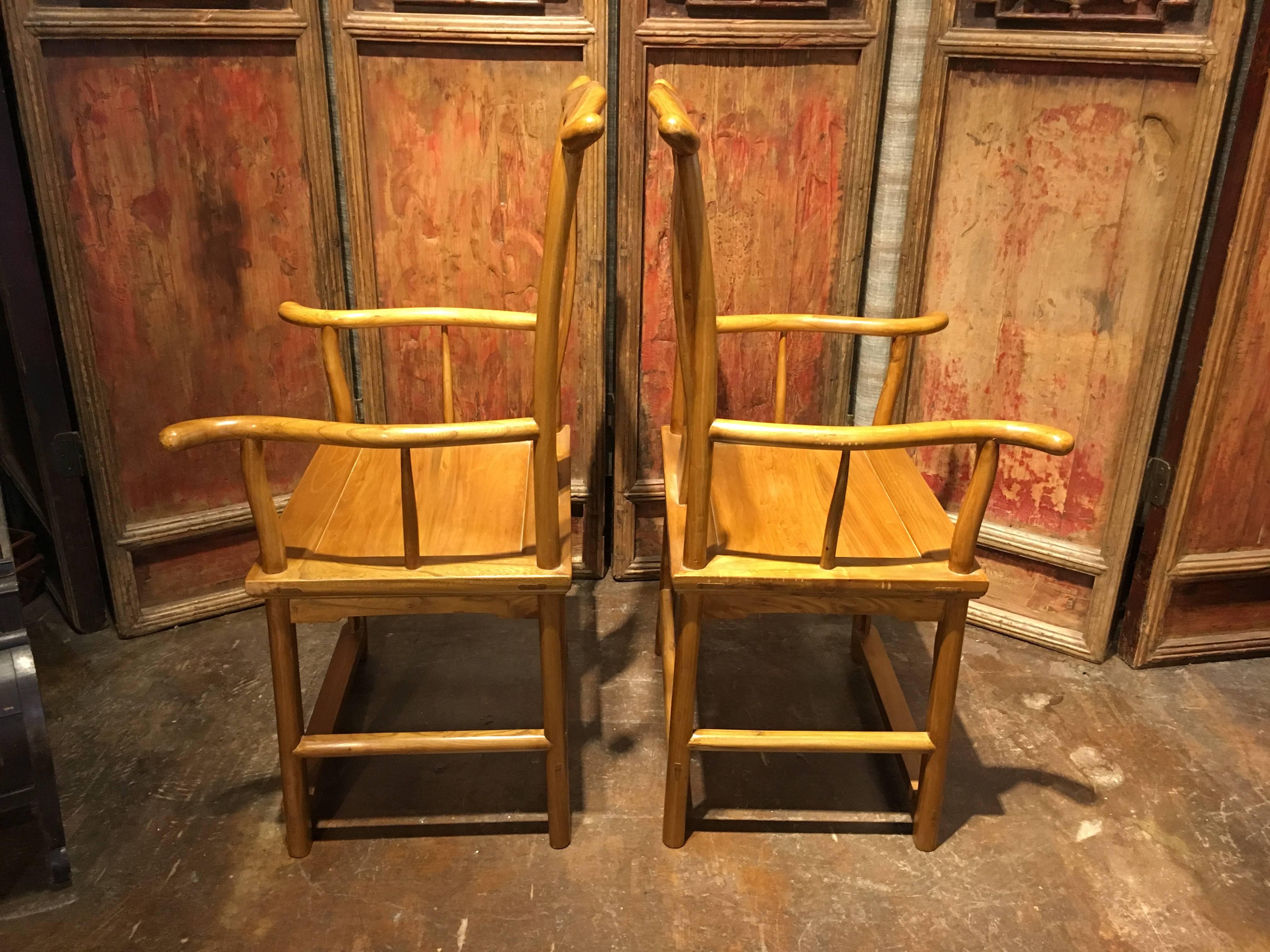 Hand-Carved Later 20th Century Chinese Blonde Wood Official's Hat or Yoke Back Chairs, Pair For Sale
