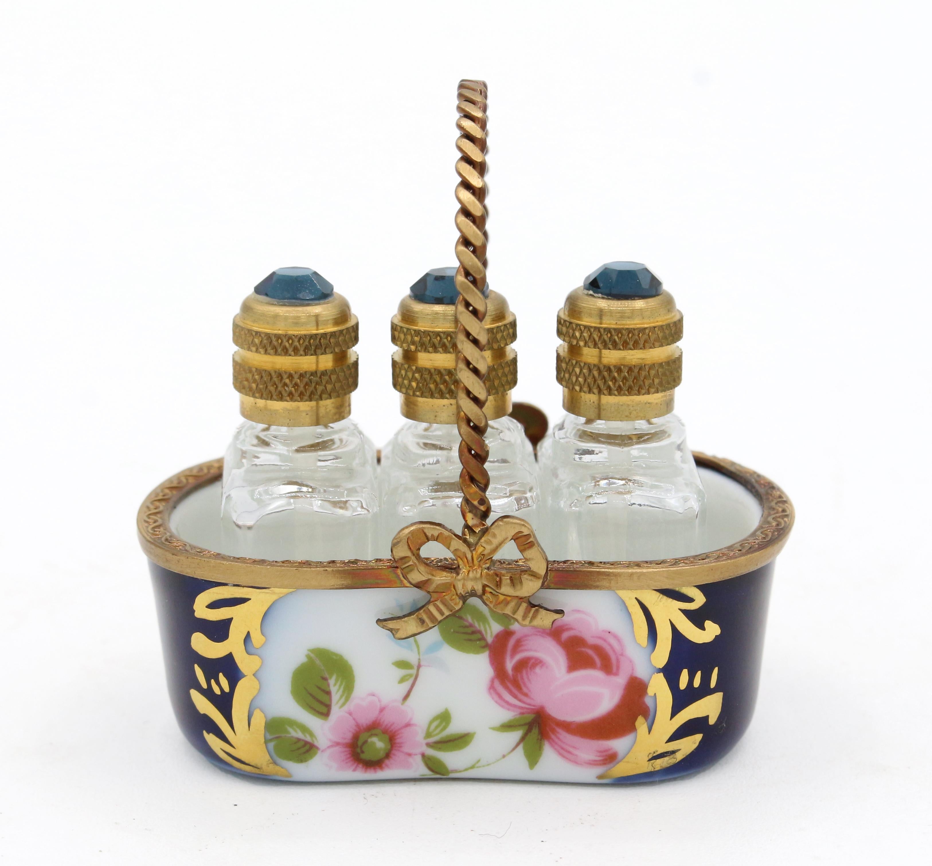 French Later 20th Century Limoges Miniature Basket with Three Scent Bottles