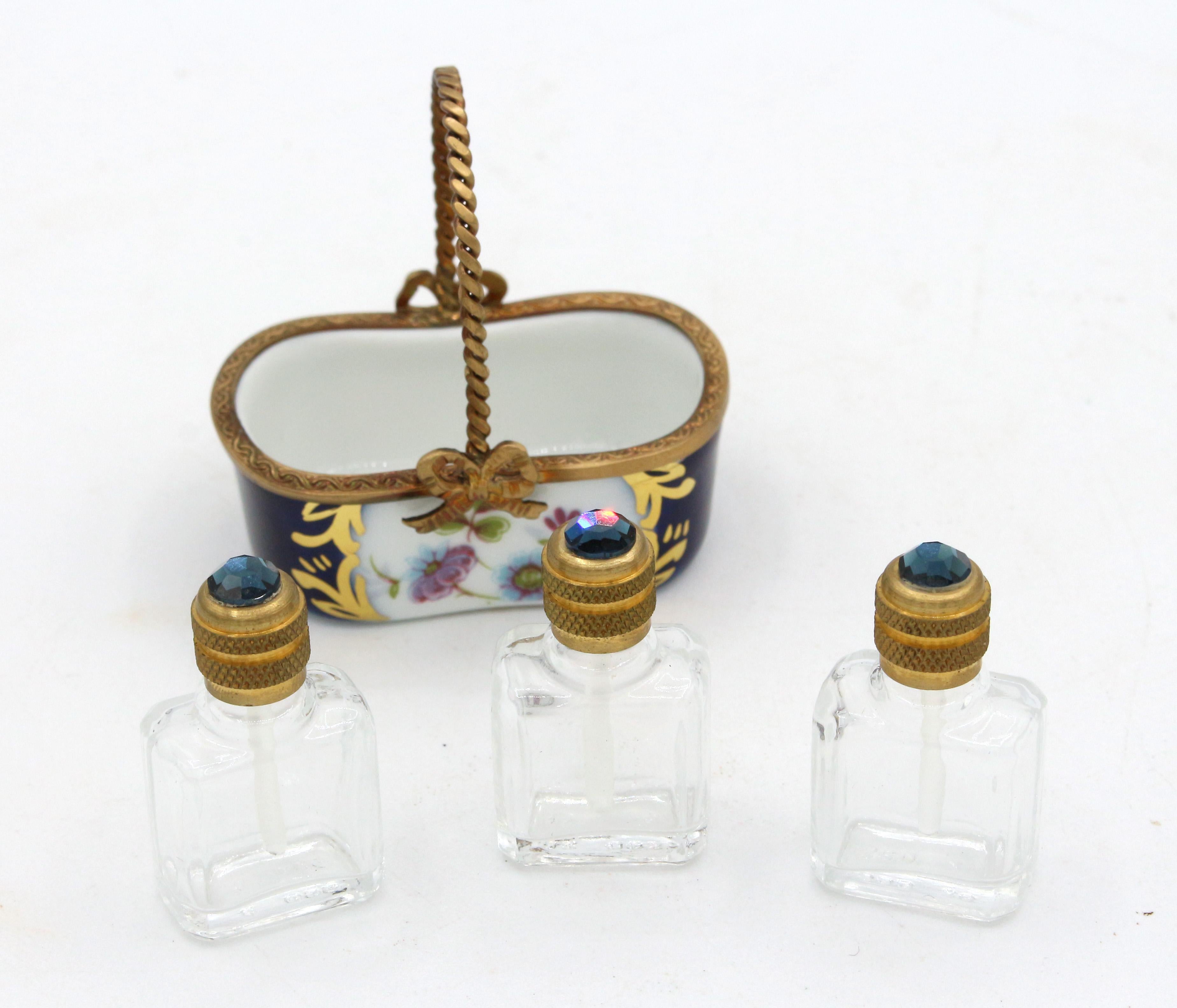 Later 20th Century Limoges Miniature Basket with Three Scent Bottles In Good Condition In Chapel Hill, NC