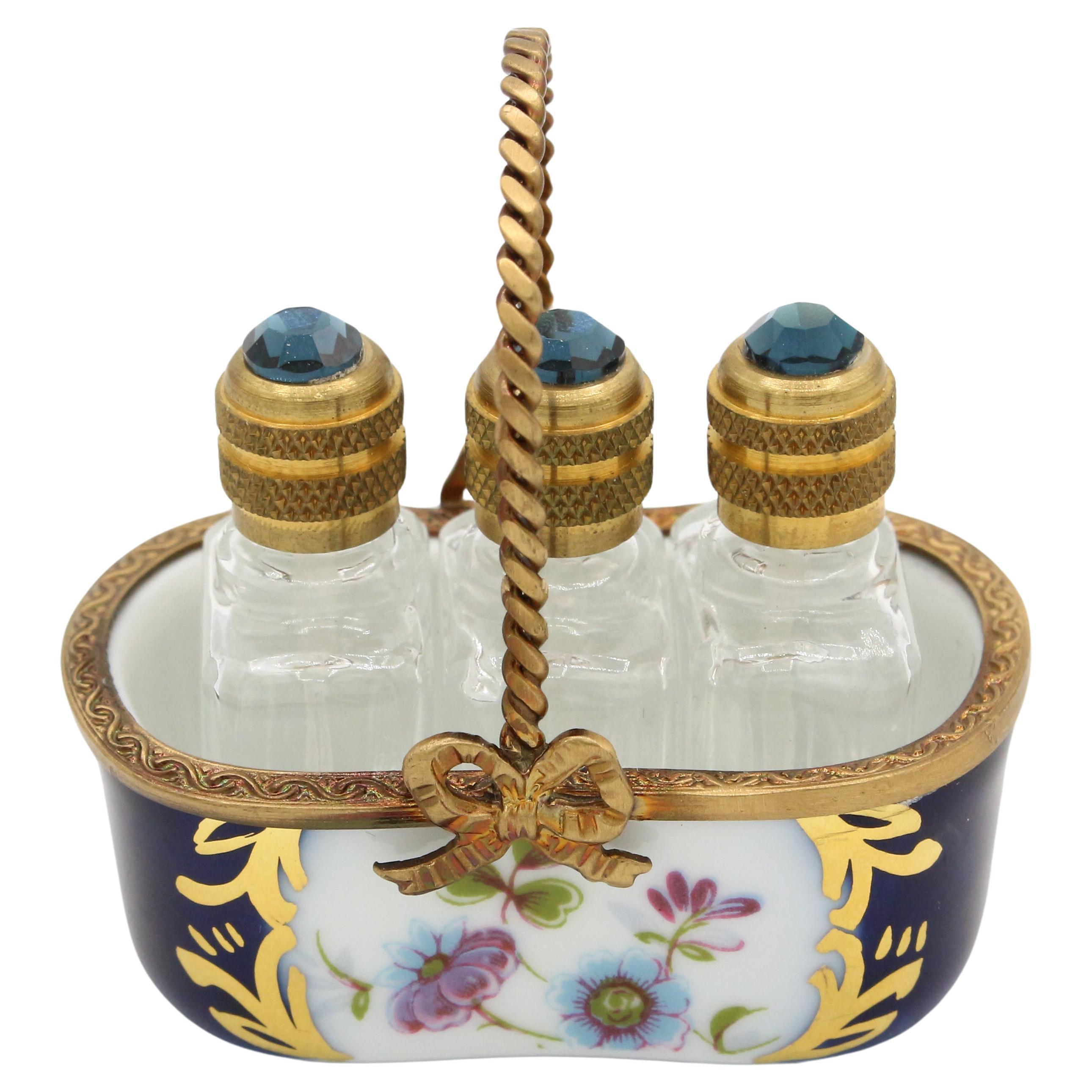 Later 20th Century Limoges Miniature Basket with Three Scent Bottles