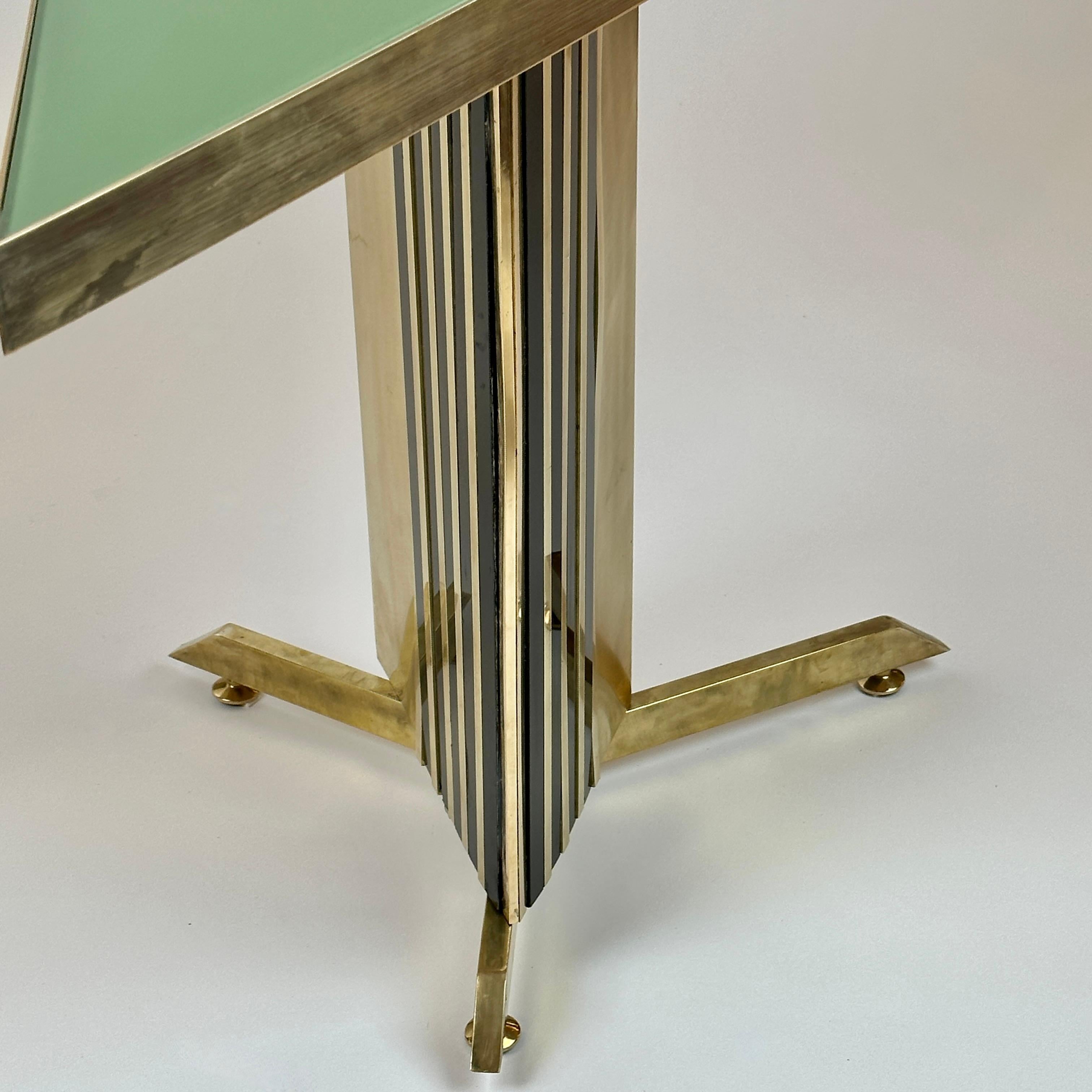 Lates 20th Century Pair of Triangular Brass & Green Art Glass Mosaic Side Tables For Sale 1