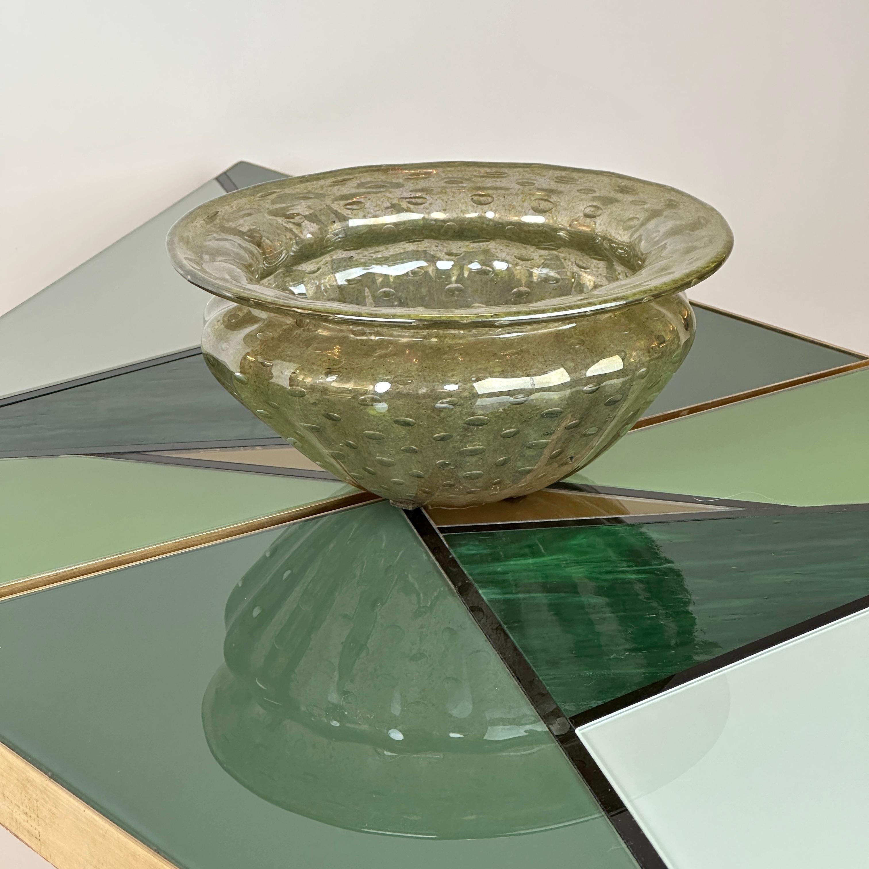 Lates 20th Century Pair of Triangular Brass & Green Art Glass Mosaic Side Tables For Sale 3