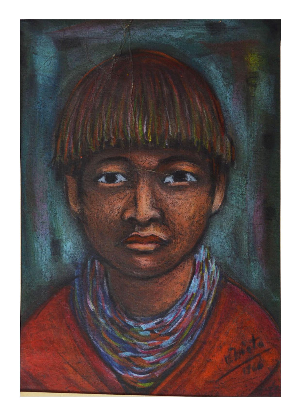 A fine bright and vibrant original crayon portrait on a young Indigenous boy from the Colombian Amazon By Manuel Eduardo Nieto

Signed and dated 1966 on the front. Marked verso 