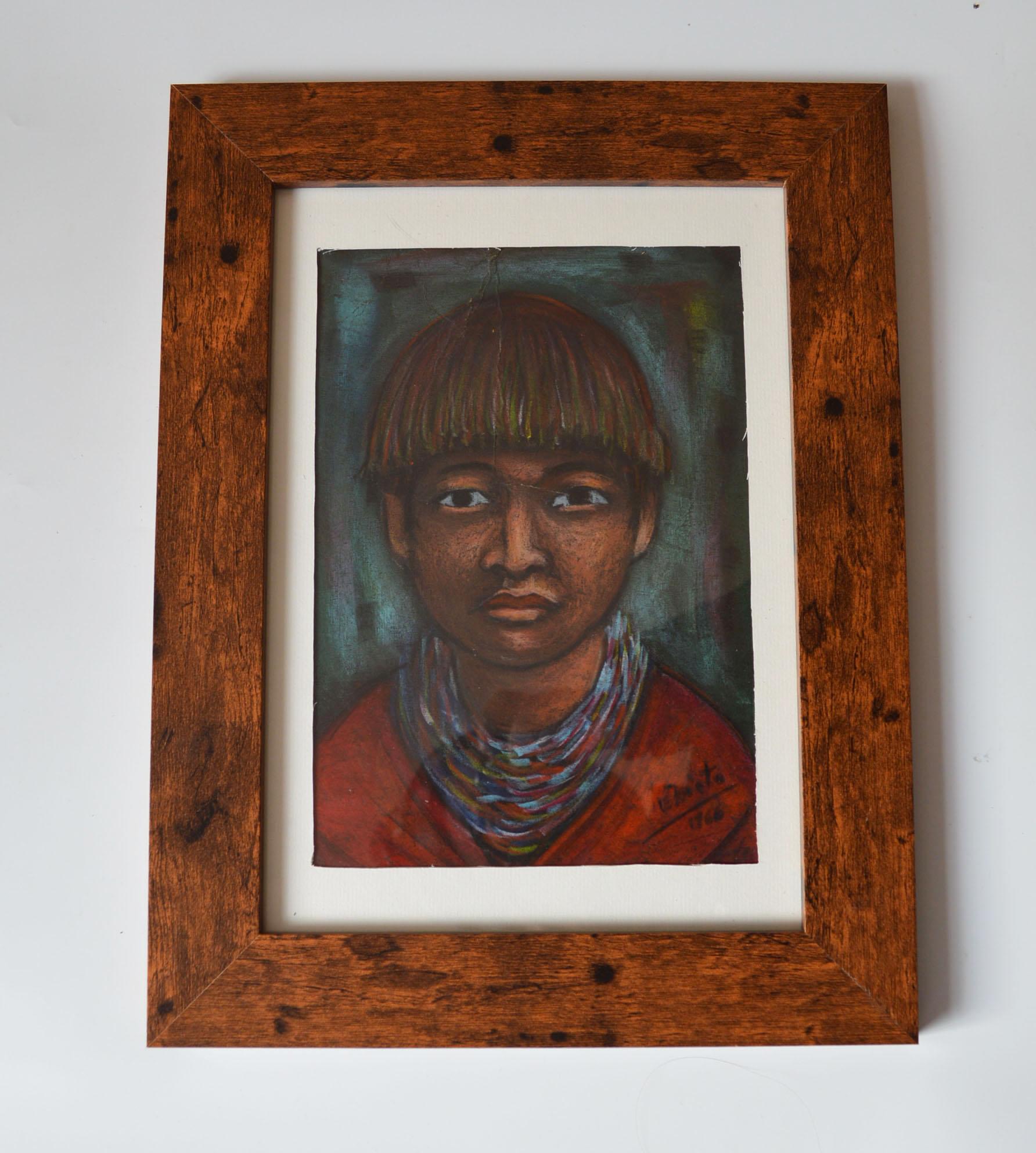 A fine bright and vibrant original crayon portrait on a young Indigenous boy from the Colombian Amazon By Manuel Eduardo Nieto 
 
Signed and dated 1966 on the front. Marked verso 