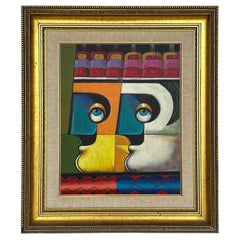  Latin American Cesar Caracas Abstract Two Masks Painting, Oil on Canvas, 1993