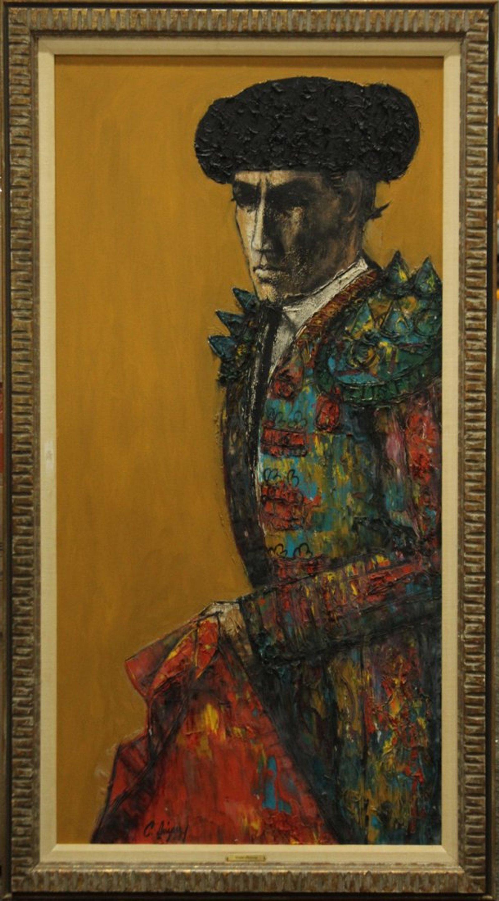 1965 Matador Oil on Canvas by Carlos Irizarry, oil on canvas, original gilt frame. excellent condition. Dimensions30ʺW × 3ʺD × 54ʺH

Born in Puerto Rico, Irizarry emigrated to New York and studied at the School of Art and Design in the 1940's. In