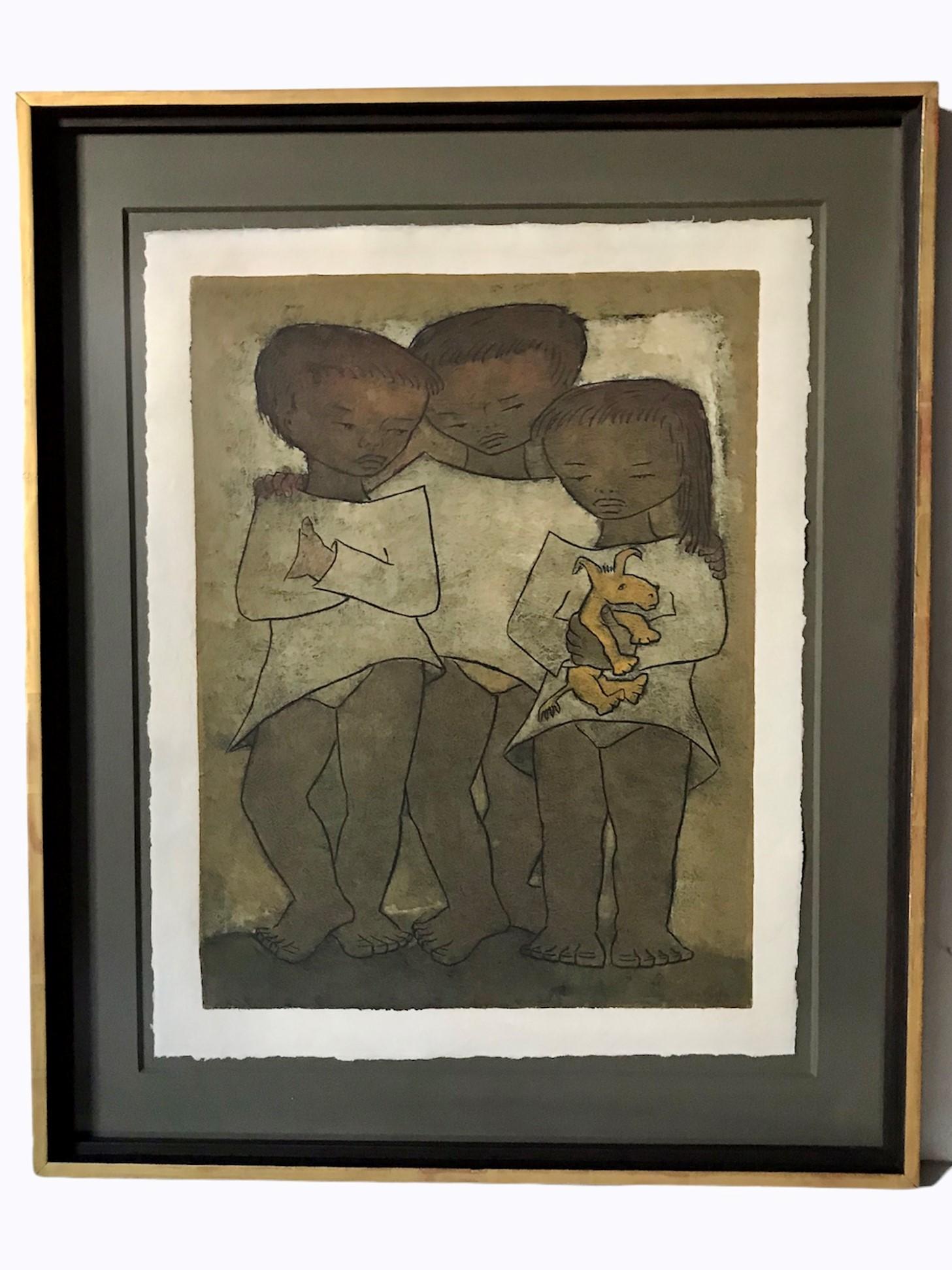 Latin American Modern Art by Angel Botello Large Linocut of Children with Dog 3