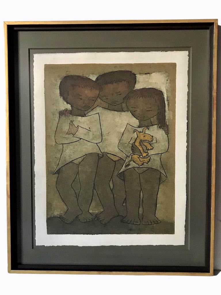 Latin American Modern Art by Angel Botello Large Linocut of Children