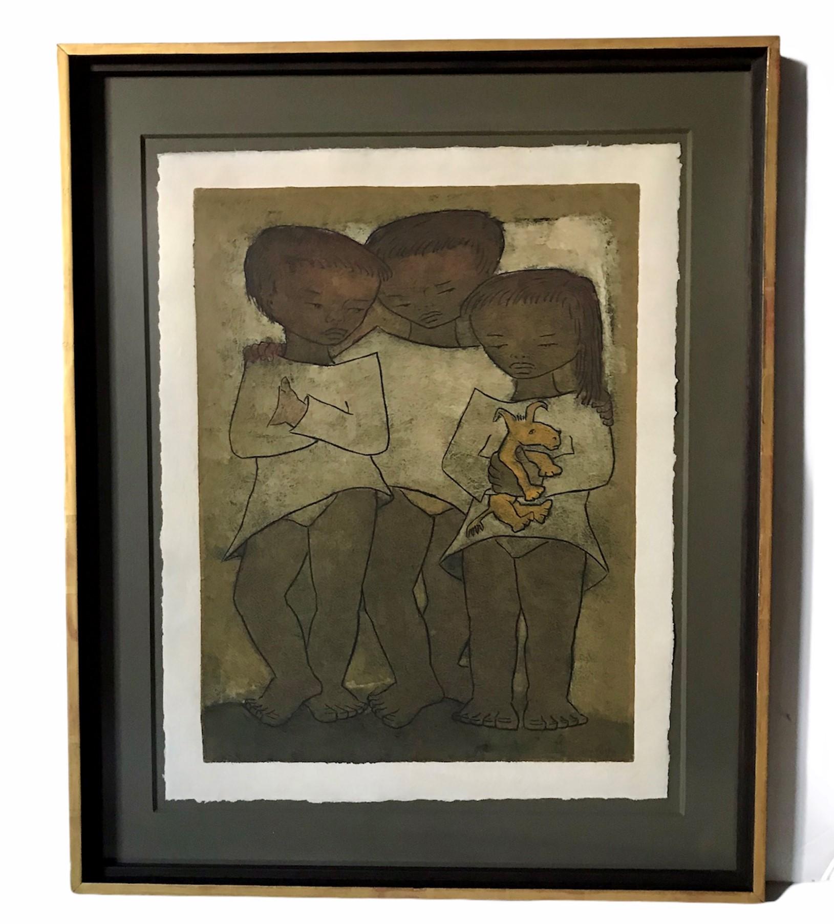 Angel Botello (1913-1986) large linocut of three children with dog, #41 in an edition of 50. Warm olive green colors largely, with face shapes and bodies, all hallmarks typical of Botello. He was named “The Caribbean Gauguin.” The linocut was