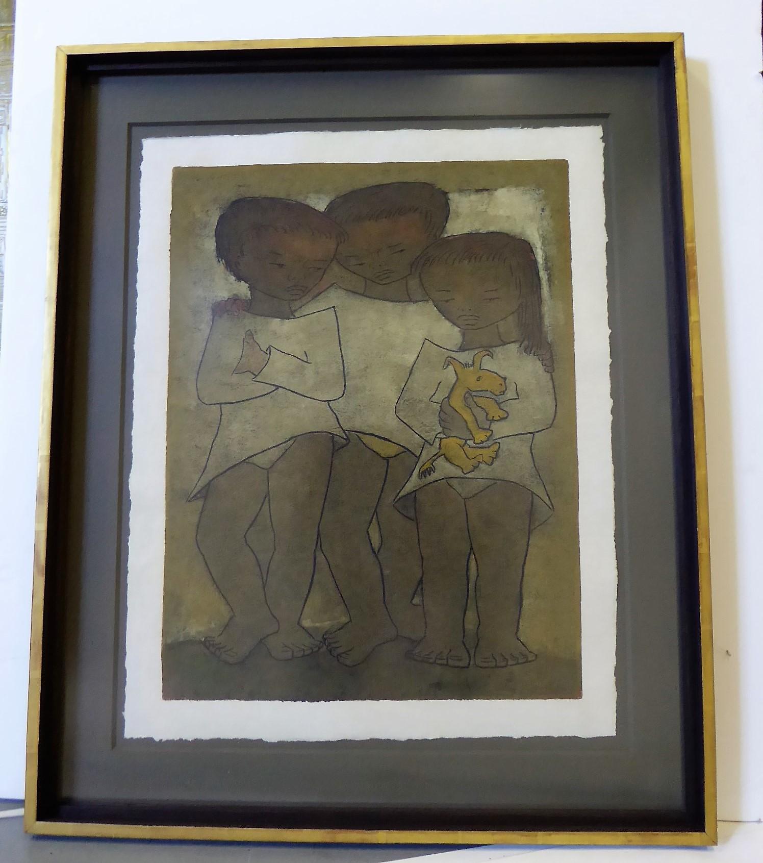 Mid-Century Modern Latin American Modern Art by Angel Botello Large Linocut of Children with Dog