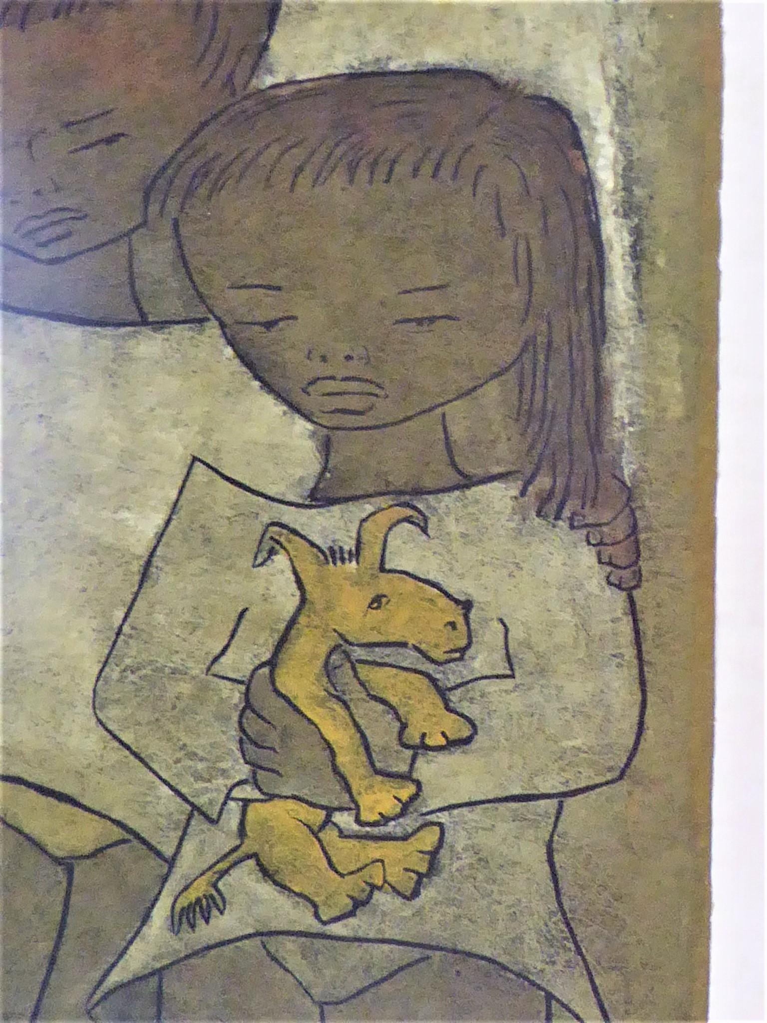 North American Latin American Modern Art by Angel Botello Large Linocut of Children with Dog