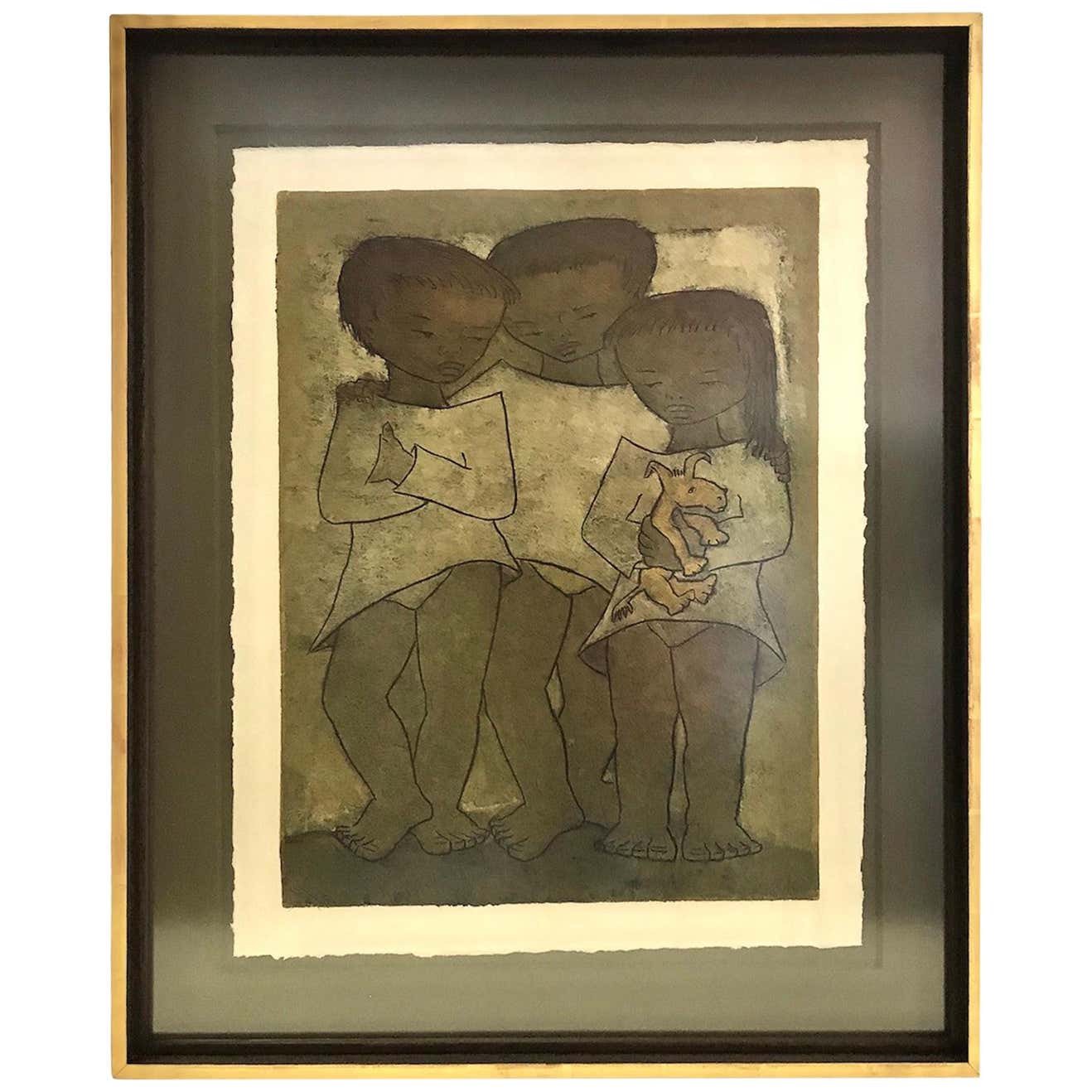 Latin American Modern Art by Angel Botello Large Linocut of Children ...