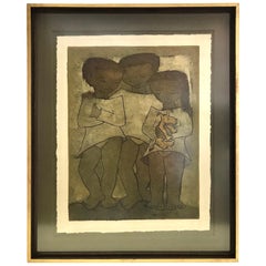 Art moderne latino-américain par Angel Botello Grande linogravure d'enfants avec chien